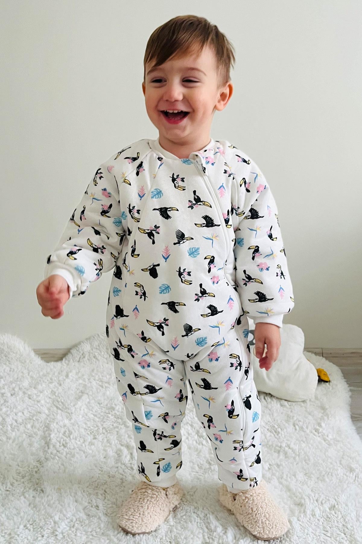 Luggi Baby Kız Çocuk Uyku Tulumu Sevimli Papağan Desenli Beyaz (1-2 Yaş)