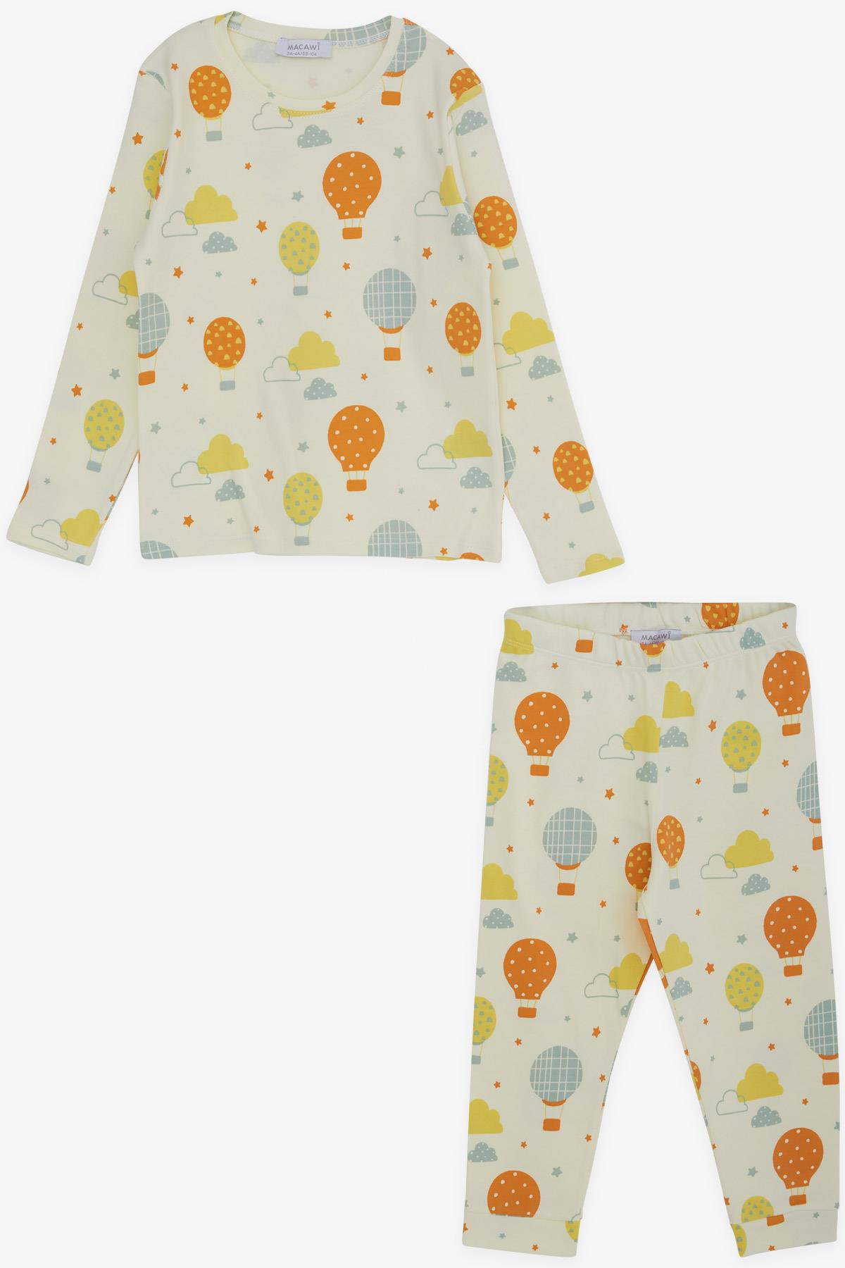 Macawı Erkek Çocuk Pijama Takımı Balon Desenli Gökyüzü Temalı Krem (1.5-5 Yaş)