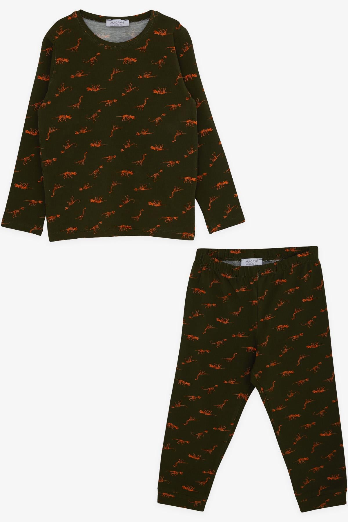 Macawı Erkek Çocuk Pijama Takımı Dinozor Desenli Koyu Yeşil (3-7 Yaş)