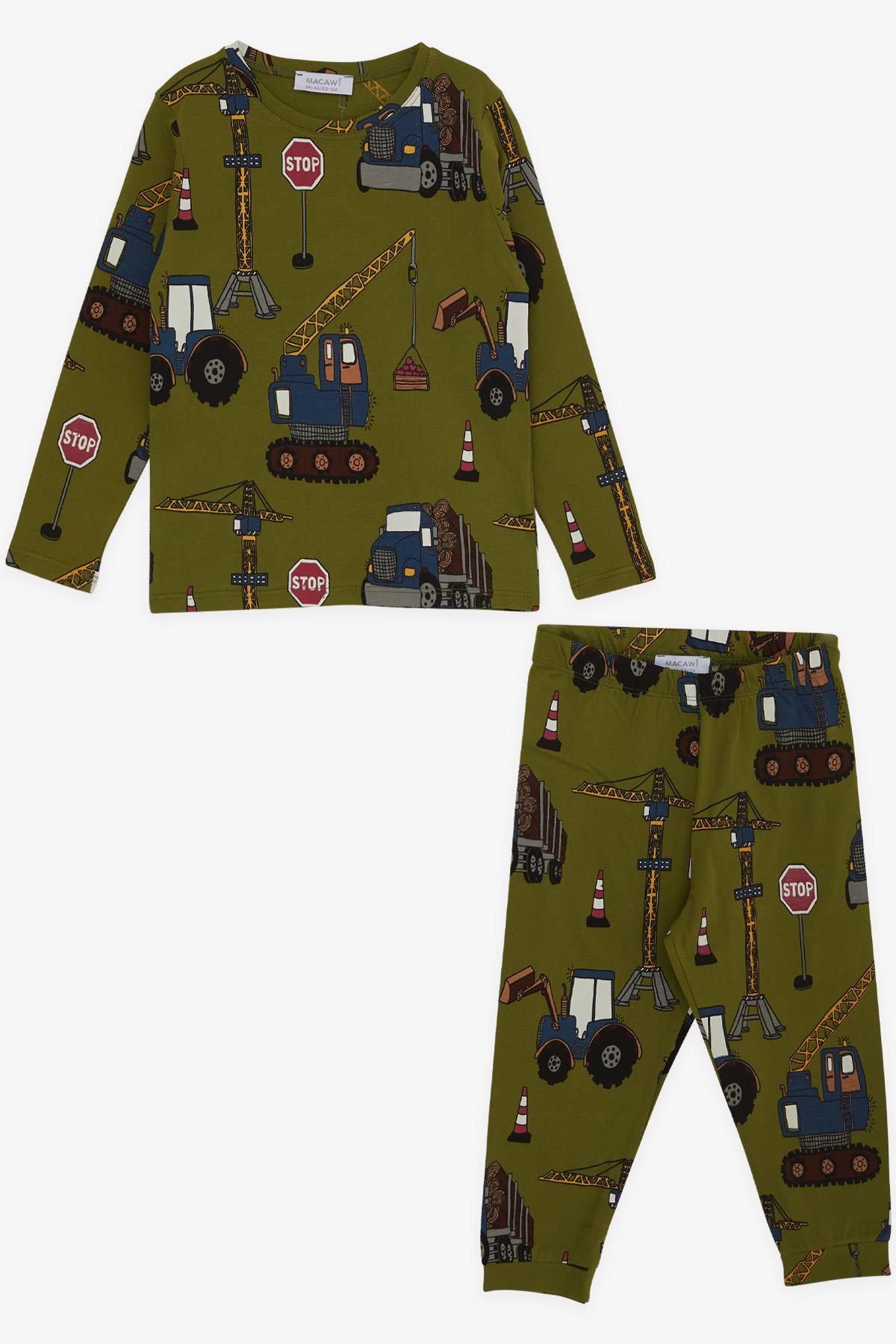 Macawı Erkek Çocuk Pijama Takımı İş Makinası Desenli Haki Yeşil (3-7 Yaş)