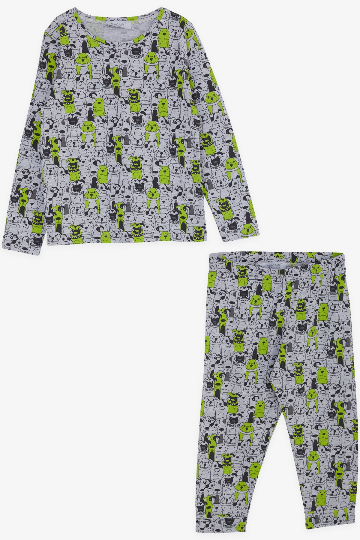 MACAWI Erkek Çocuk Pijama Takımı Köpekçik Desenli Gri Melanj (3-7 Yaş)
