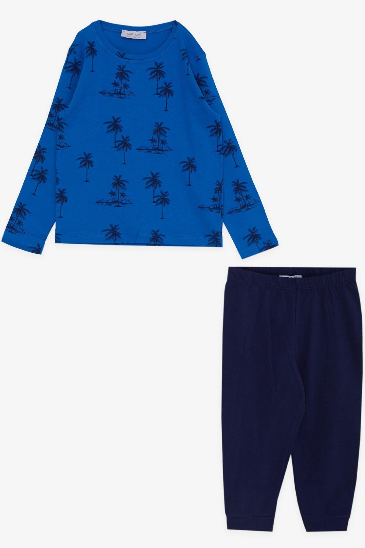 MACAWI Erkek Çocuk Pijama Takımı Palmiye Desenli Saks Mavisi (3-7 Yaş)