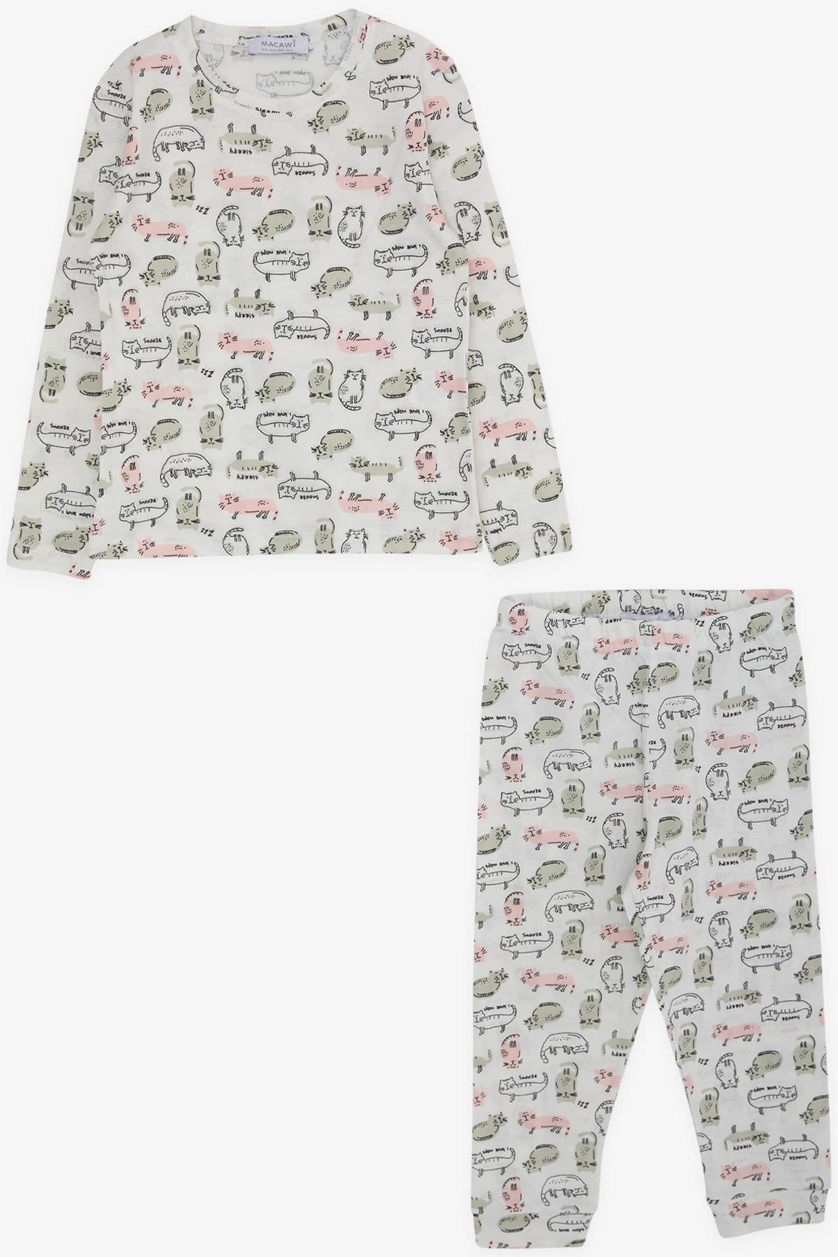 MACAWI Erkek Çocuk Pijama Takımı Sevimli Kedicik Desenli Beyaz (1.5-5 Yaş)