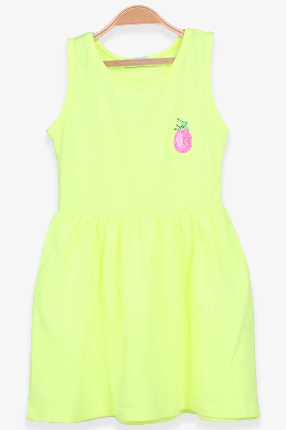 Macawı Kız Çocuk Elbise Ananas Desenli Neon Yeşil (1.5-4 Yaş)