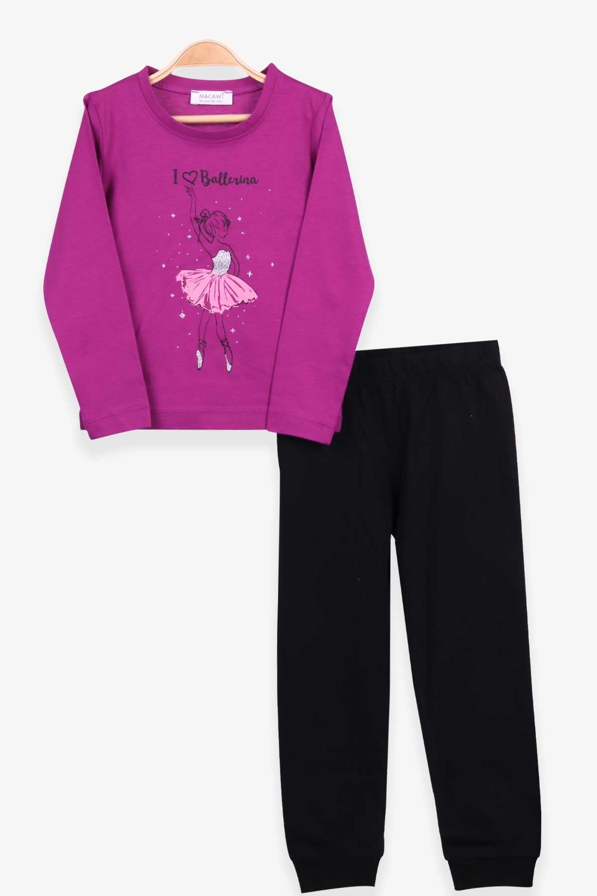 MACAWI Kız Çocuk Pijama Takımı Balerin Baskılı Mürdüm (3-8 Yaş)