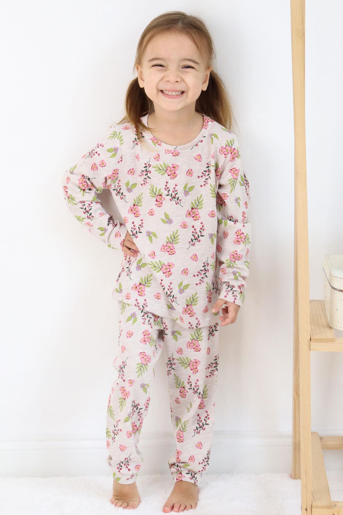 Macawı Kız Çocuk Pijama Takımı Çiçek Desenli Bej Melanj (3-6 Yaş)