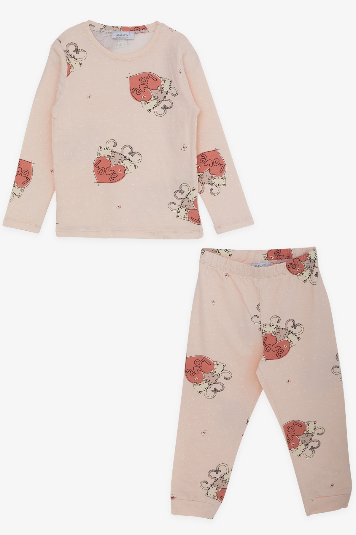 MACAWI Kız Çocuk Pijama Takımı Kedicik Desenli Pudra (3-7 Yaş)