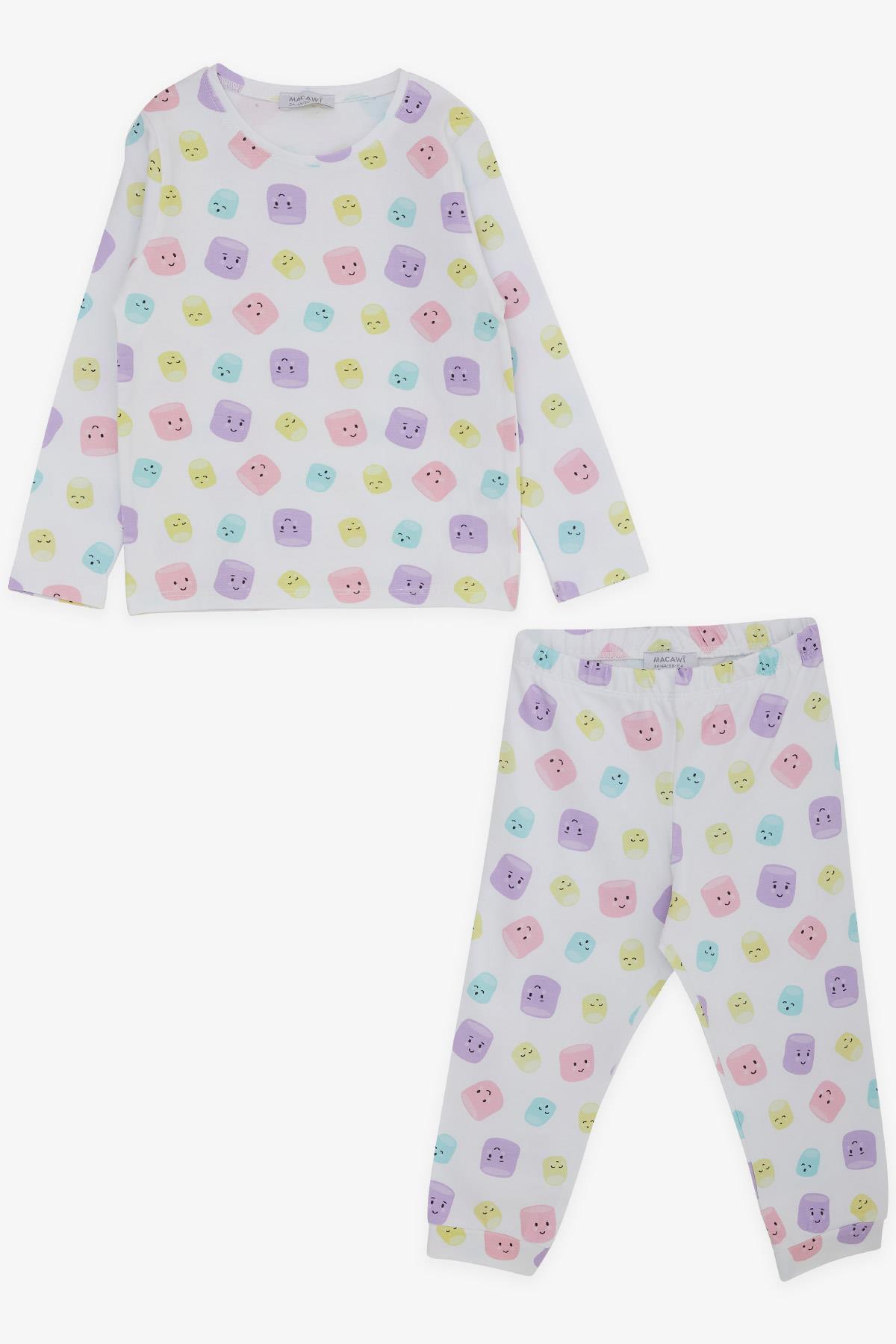 Macawı Kız Çocuk Pijama Takımı Renkli Neşeli Bardak Desenli Beyaz (3-7 Yaş)