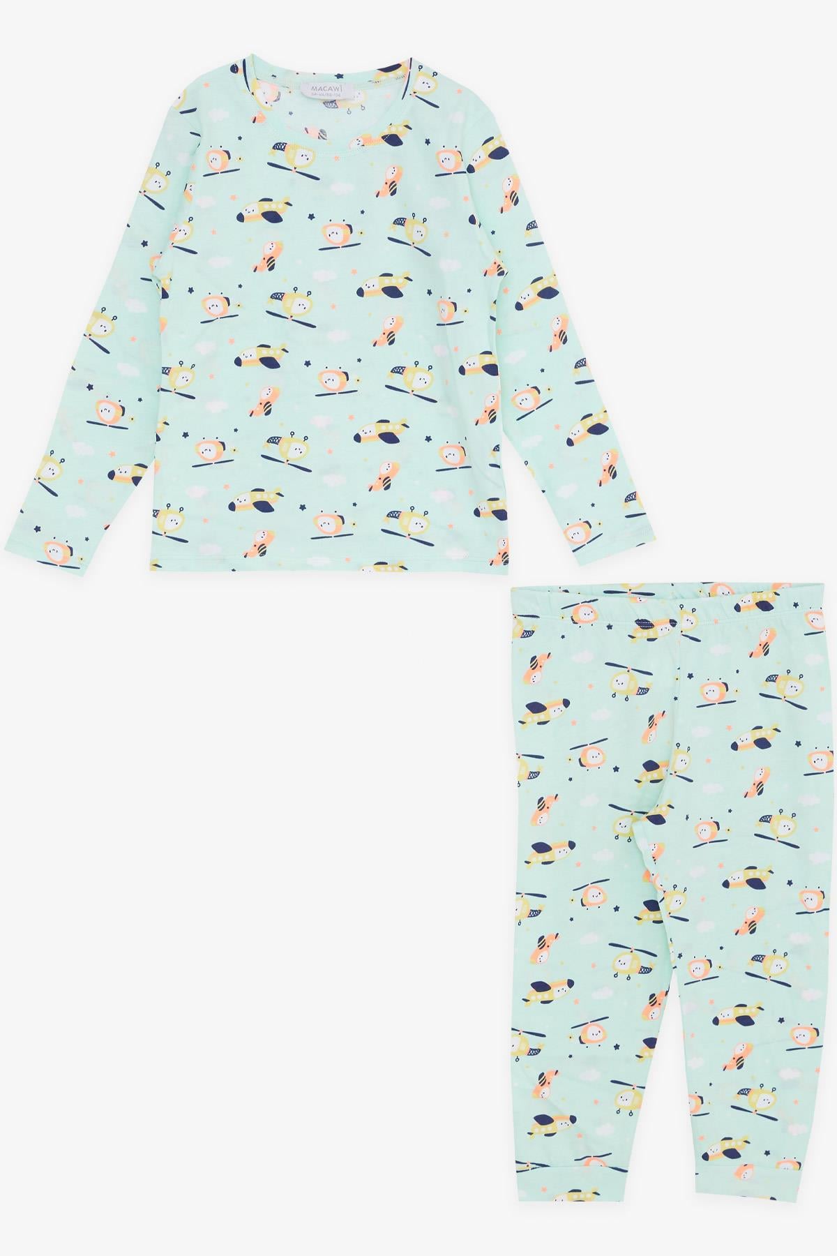 MACAWI Kız Çocuk Pijama Takımı Renkli Helikopter Desenli Su Yeşili (1.5-5 Yaş)