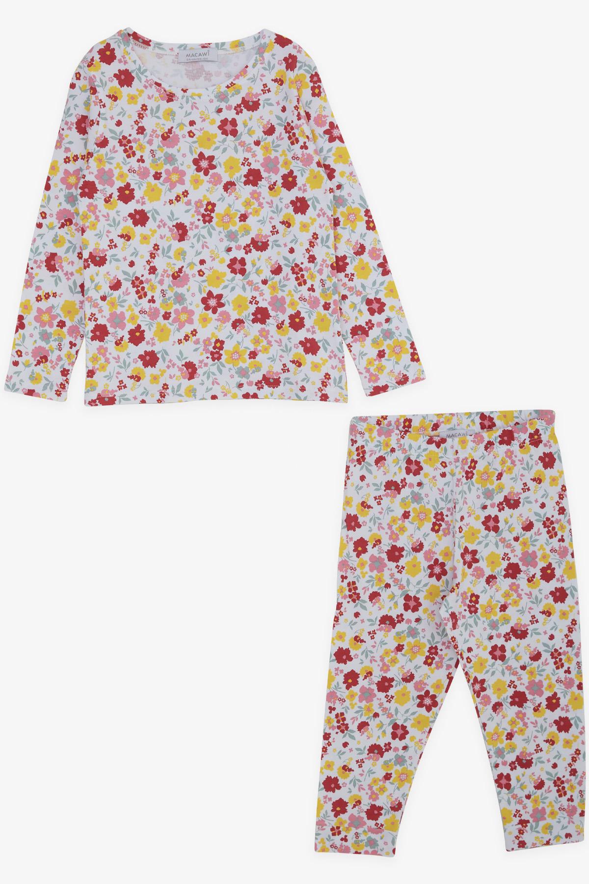 Macawı Kız Çocuk Pijama Takımı Renkli Çiçek Desenli Beyaz (3-7 Yaş)