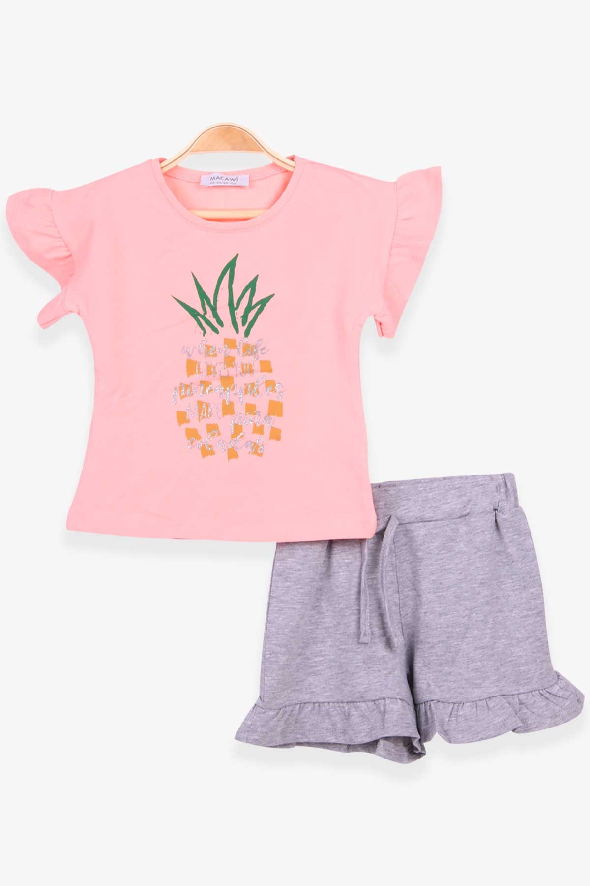 Macawı Kız Çocuk Şortlu Takım Ananas Desenli Somon (3-7 Yaş)