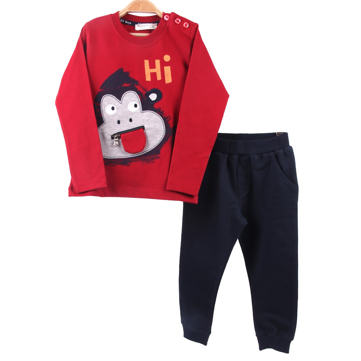 Erkek Bebek Eşofman Takım Maymunlu Kırmızı-Lacivert (1-2 Yaş)