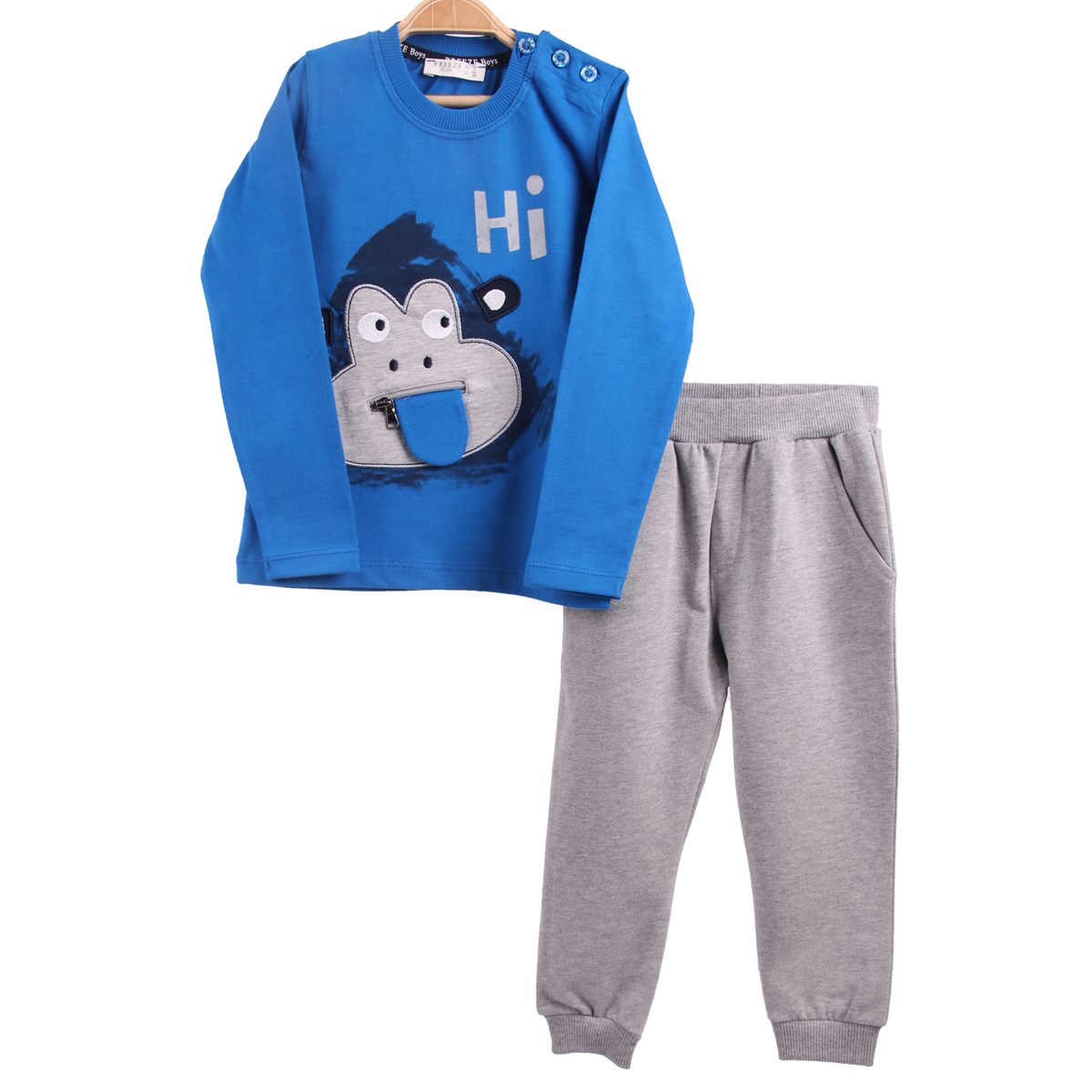 Erkek Bebek Eşofman Takım Maymunlu Mavi-Gri (1 Yaş)