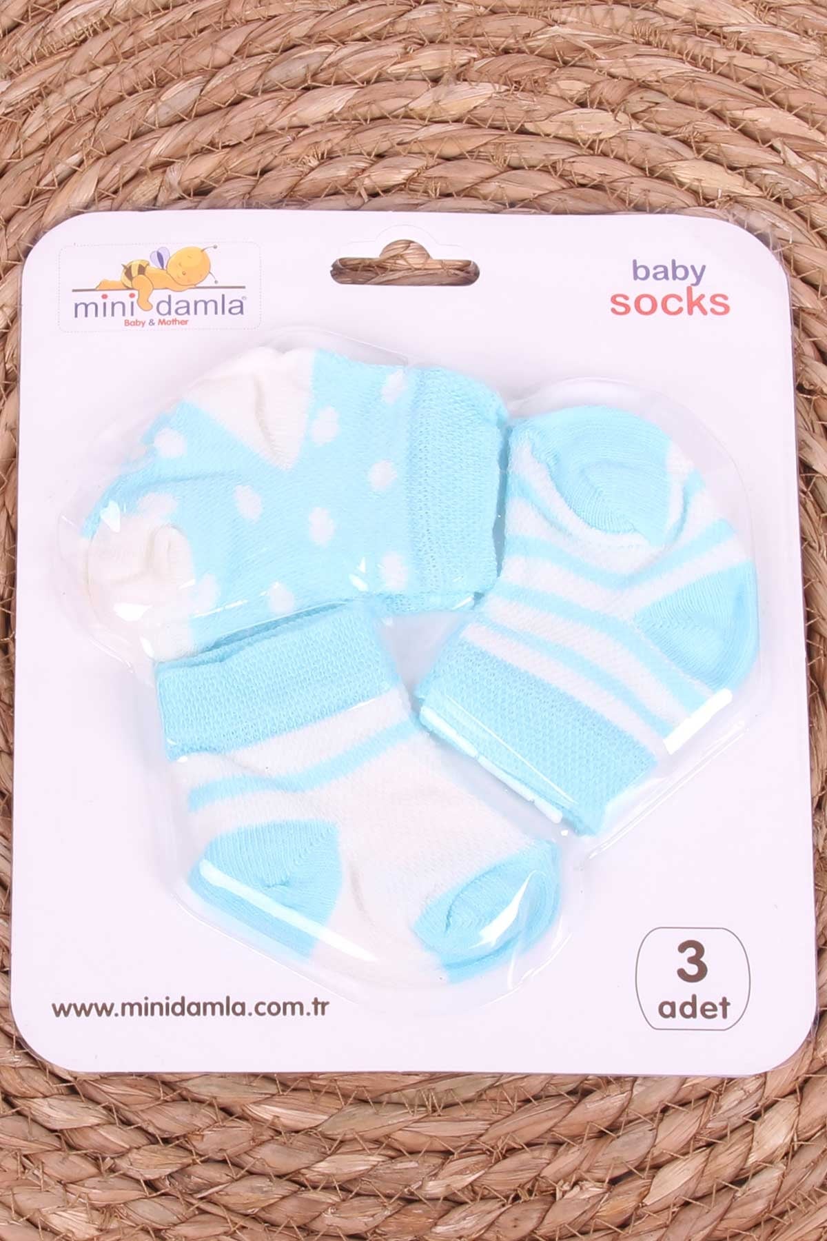 Mini Damla Erkek Bebek Yenidoğan Çorap Desenli 3 lü Turkuaz (0-3 Ay)