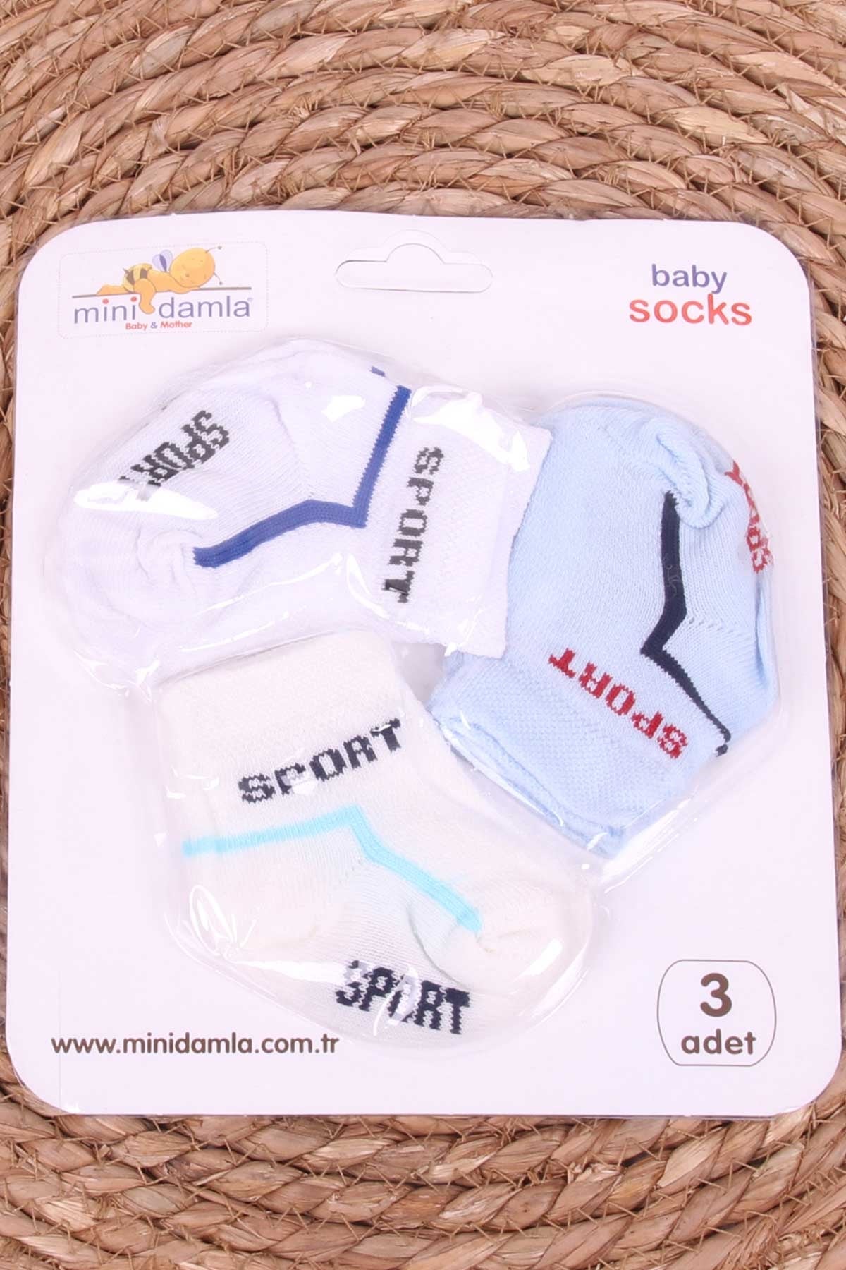 Mini Damla Erkek Bebek Yenidoğan Çorap Yazılı Desenli 3 lü Karışık Renk (0-3 Ay)