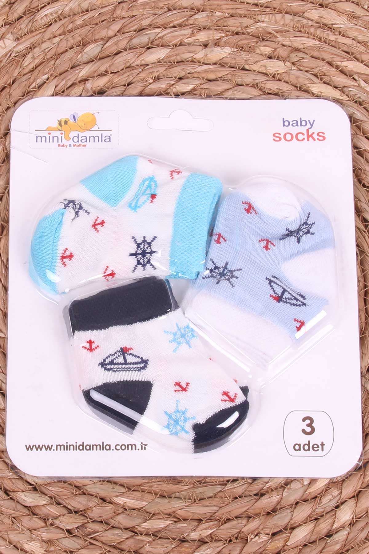 Mini Damla Erkek Bebek Yenidoğan Çorap Denizci Temalı 3 lü Karışık Renk (0-3 Ay)