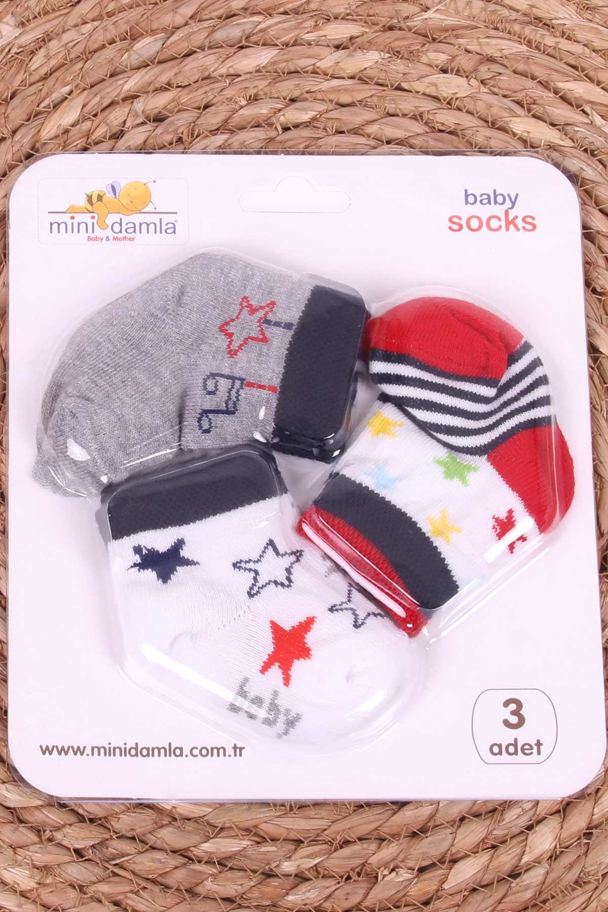 Mini Damla Erkek Bebek Yenidoğan Çorap Yıldız Desenli 3 lü Karışık Renk (0-3 Ay)