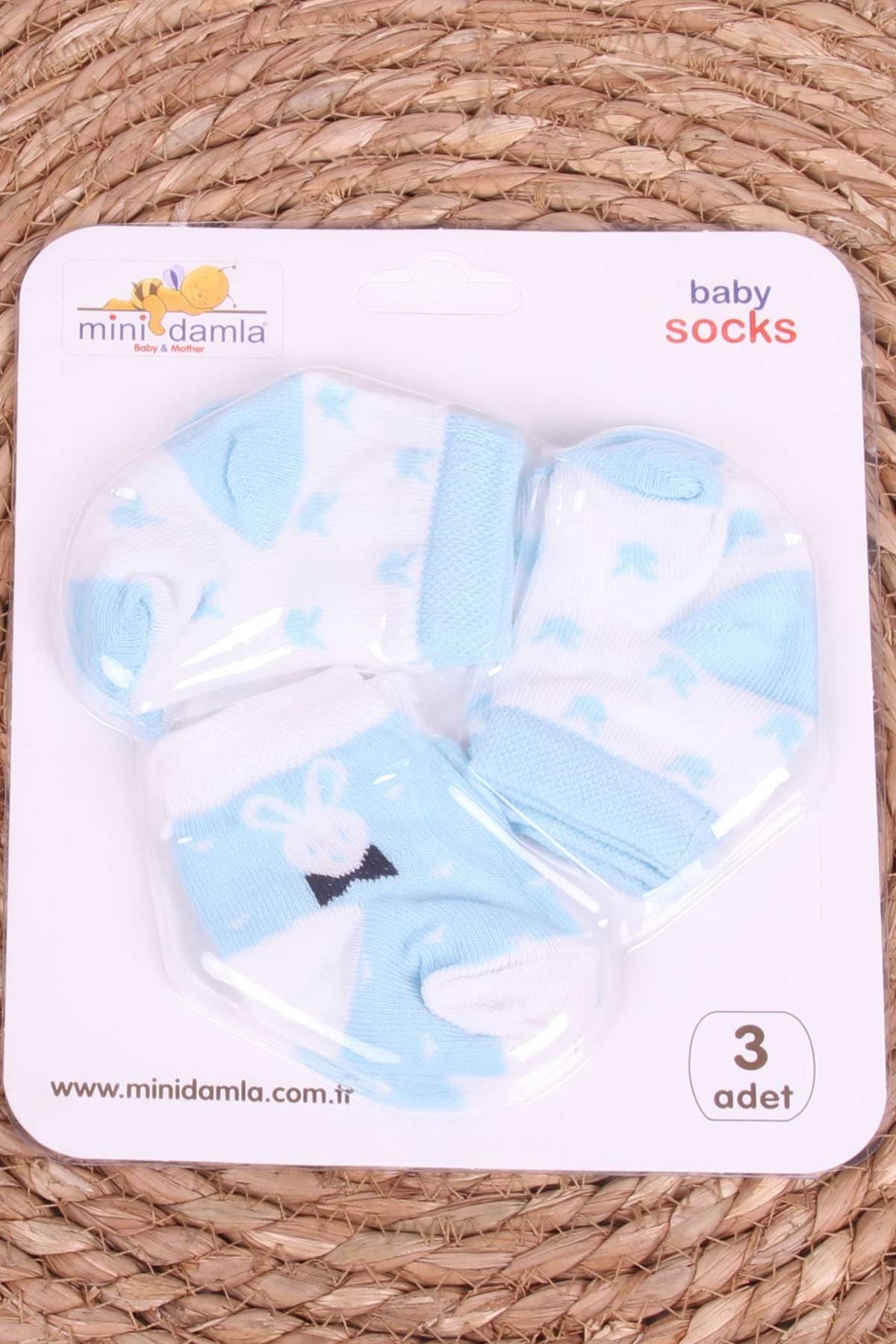 Mini Damla Erkek Bebek Yenidoğan Çorap Tavşan Desenli 3 lü Açık Mavi (0-3 Ay)