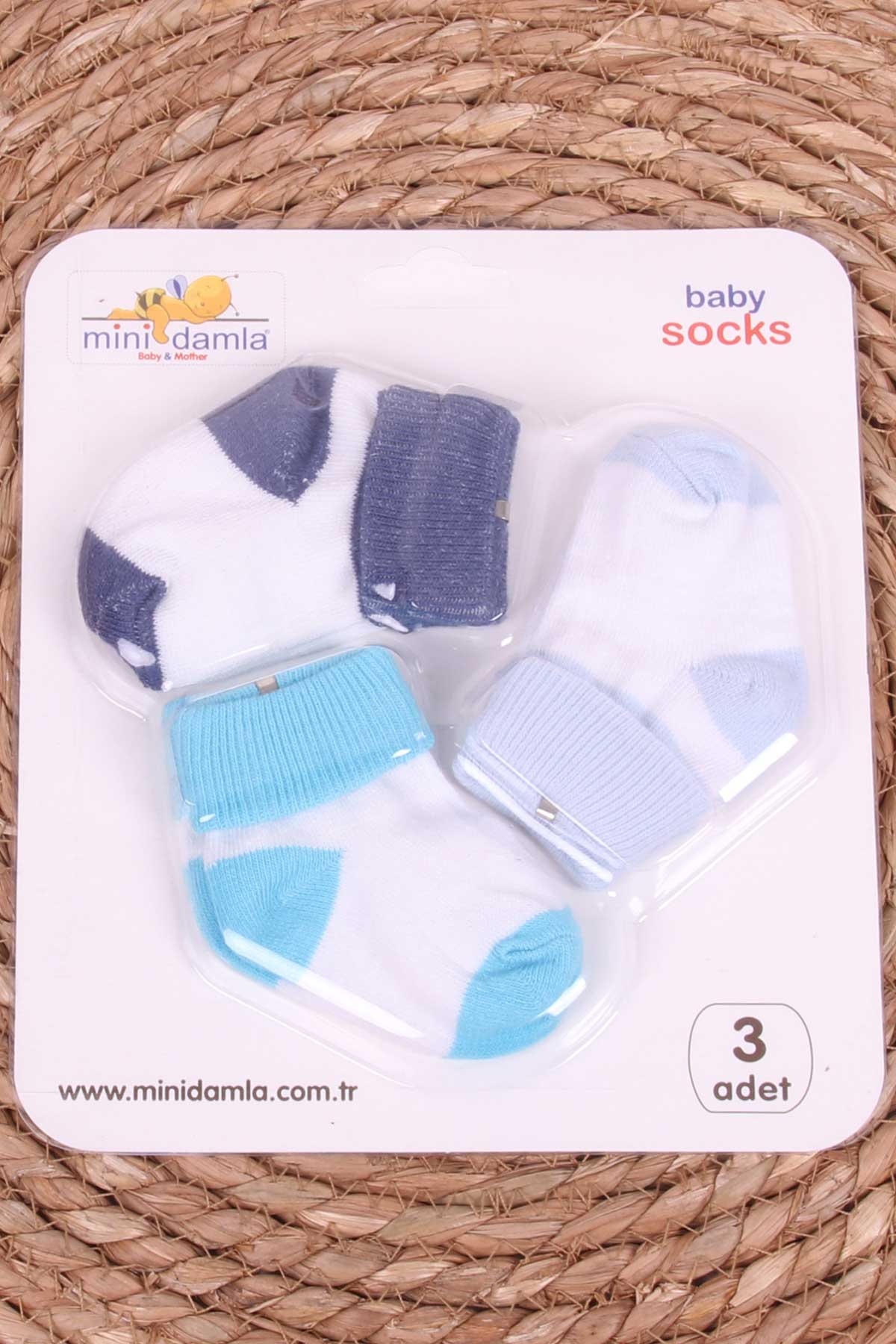 Mini Damla Erkek Bebek Yenidoğan Çorap 2 Renklİ 3 lü Karışık Renk (0-3 Ay)
