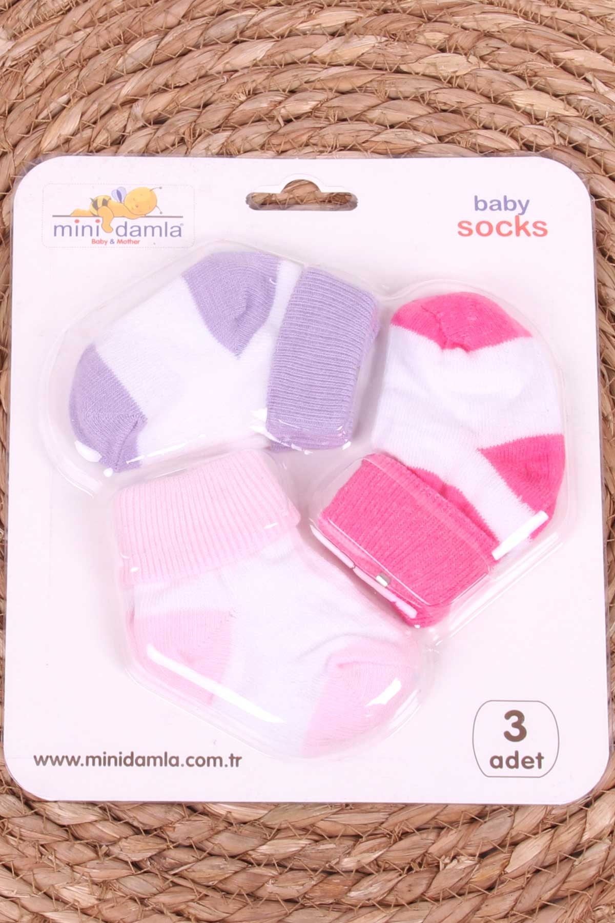 Mini Damla Kız Bebek Yenidoğan Çorap 2 Renklİ 3 lü Karışık Renk (0-3 Ay)