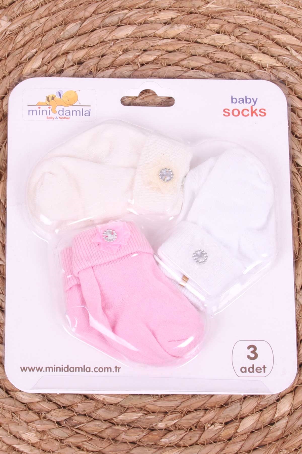 Mini Damla Kız Bebek Yenidoğan Çorap Boncuklu 3 lü Karışık Renk (0-3 Ay)
