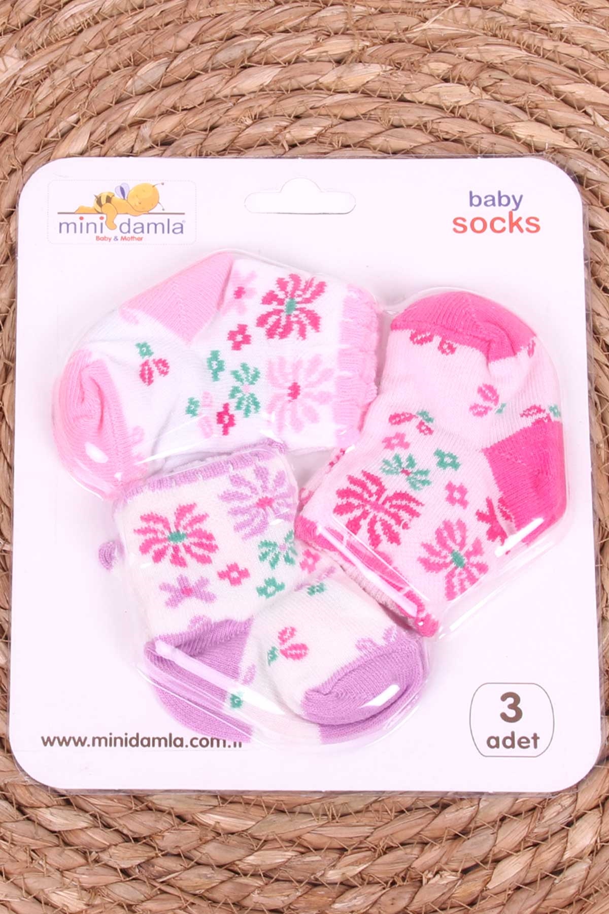 Mini Damla Kız Bebek Yenidoğan Çorap Çiçek Desenli 3 lü Karışık Renk (0-3 Ay)