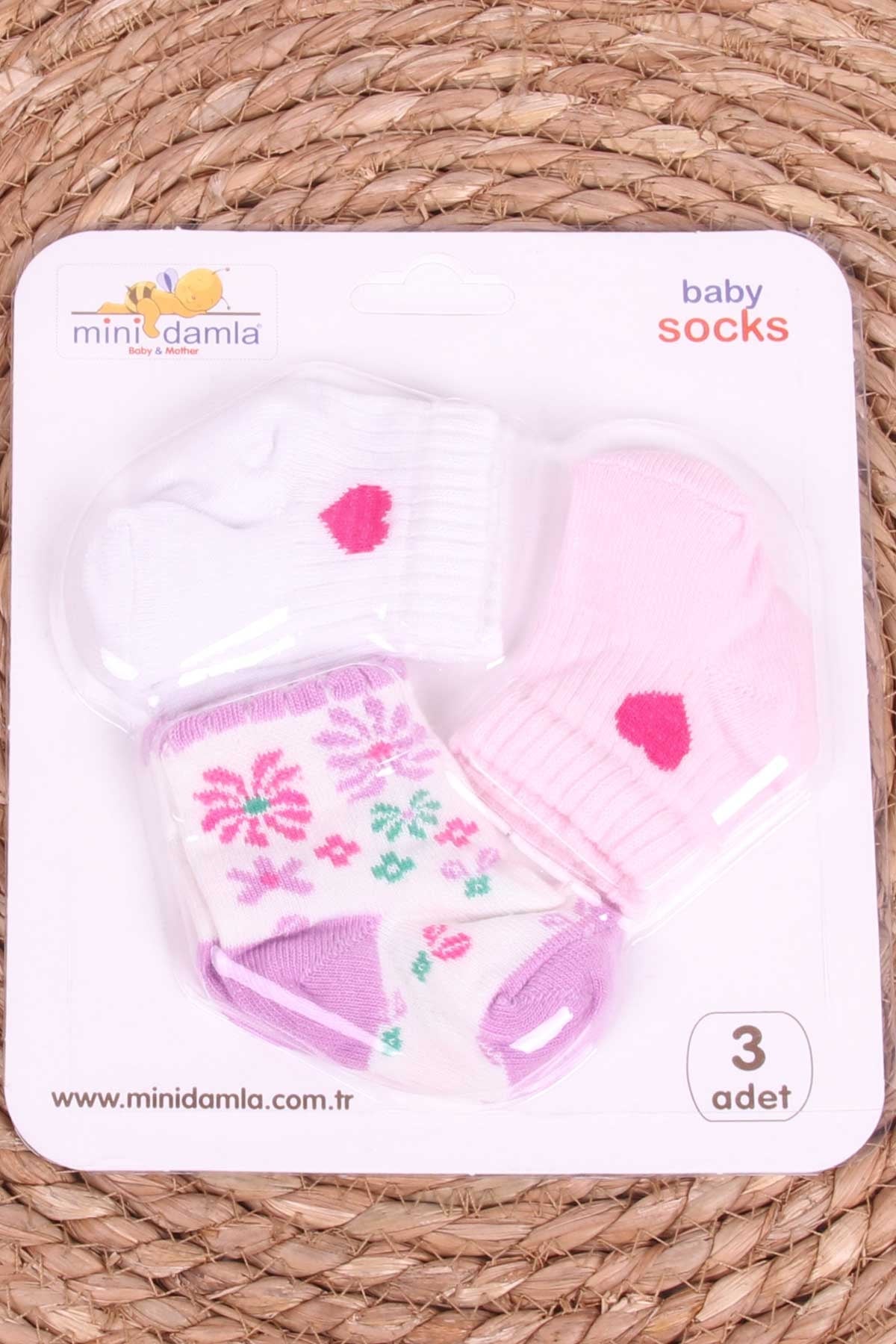 Mini Damla Kız Bebek Yenidoğan Çorap Desenli 3 lü Karışık Renk (0-3 Ay)