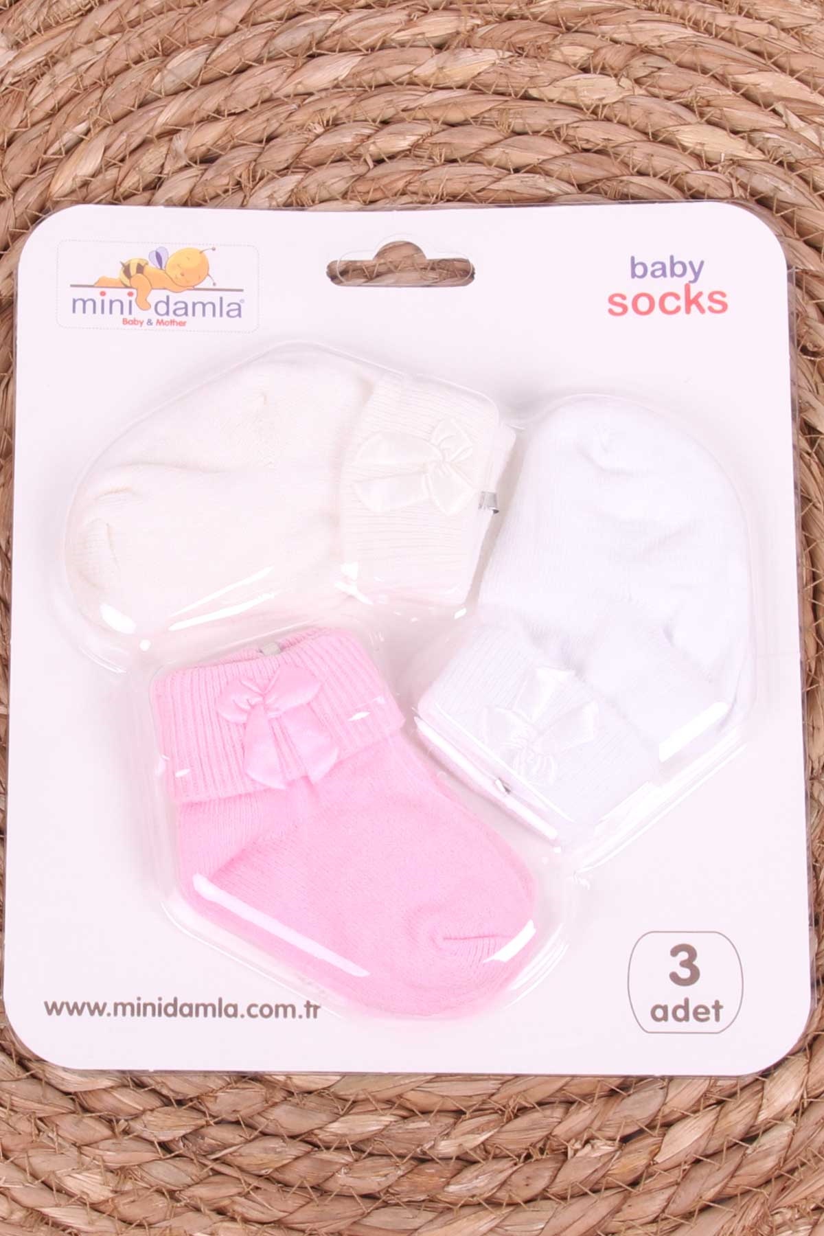 Mini Damla Kız Bebek Yenidoğan Çorap Fiyonklu 3 lü Karışık Renk (0-3 Ay)