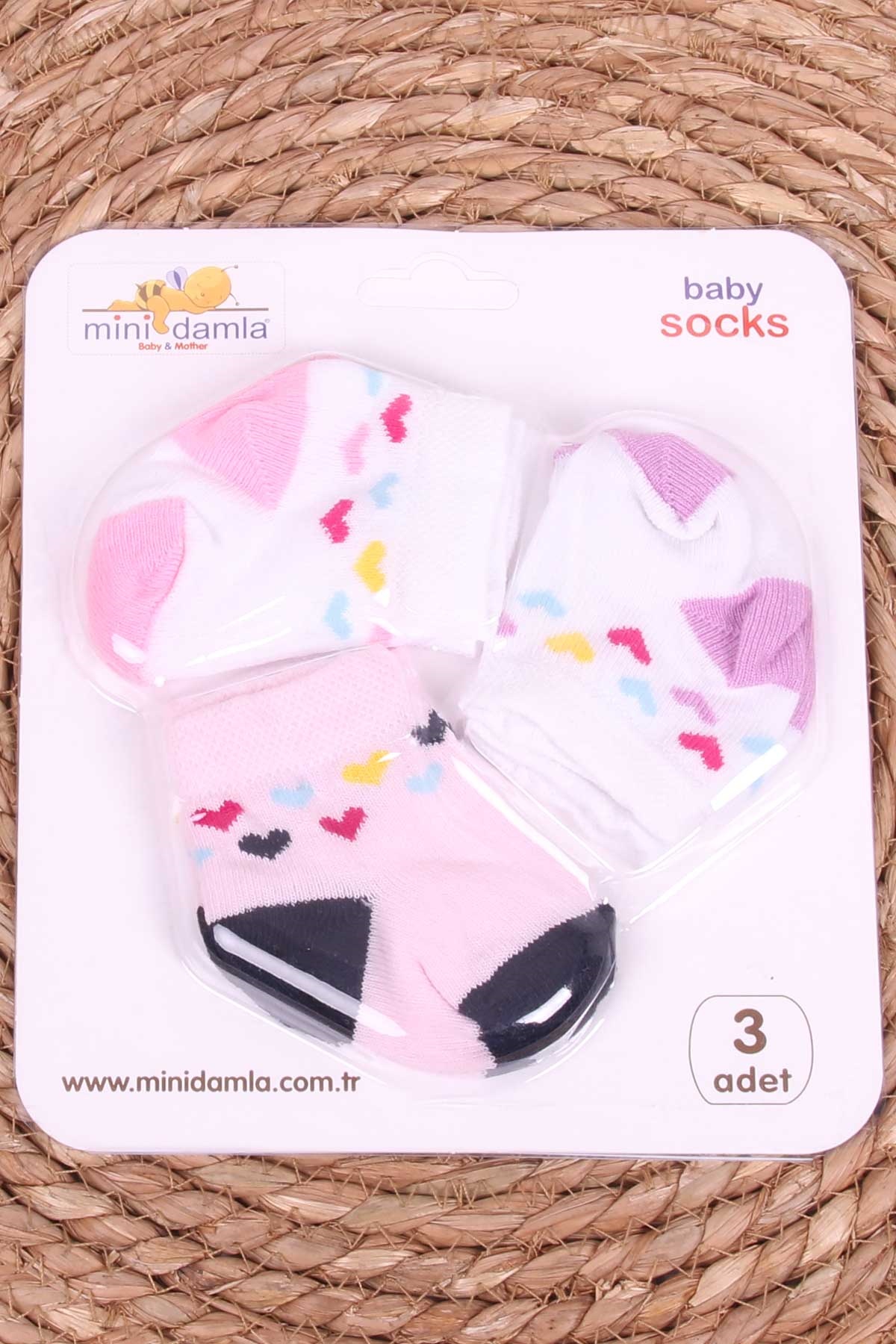 Mini Damla Kız Bebek Yenidoğan Çorap Kalp Desenli 3 lü Karışık Renk (0-3 Ay)