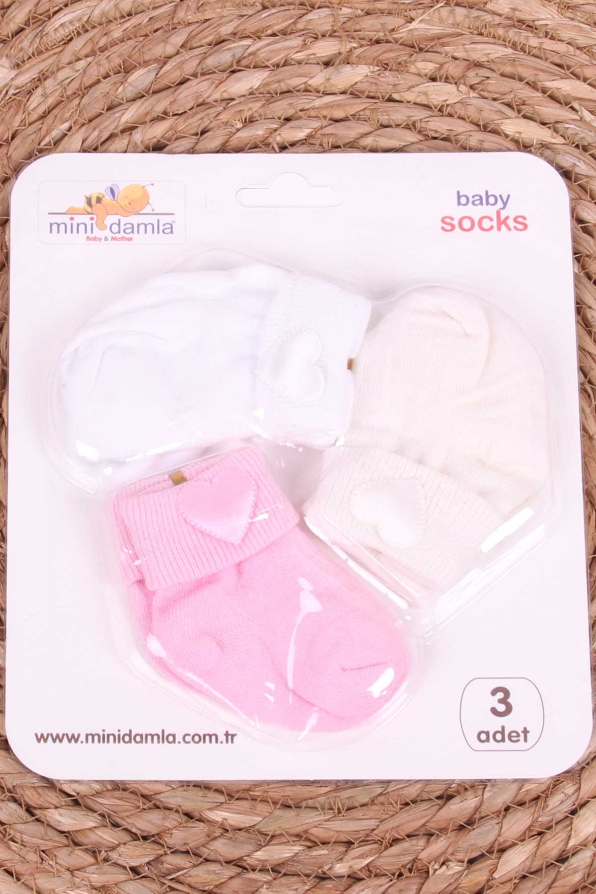 Mini Damla Kız Bebek Yenidoğan Çorap Kalpli 3 lü Karışık Renk (0-3 Ay)
