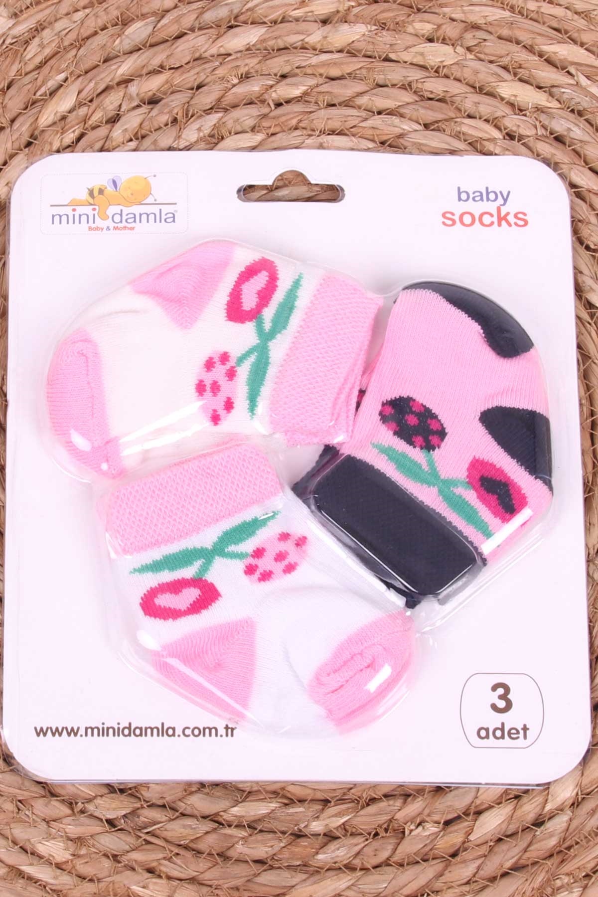 Mini Damla Kız Bebek Yenidoğan Çorap Kiraz Desenli 3 lü Karışık Renk (0-3 Ay)