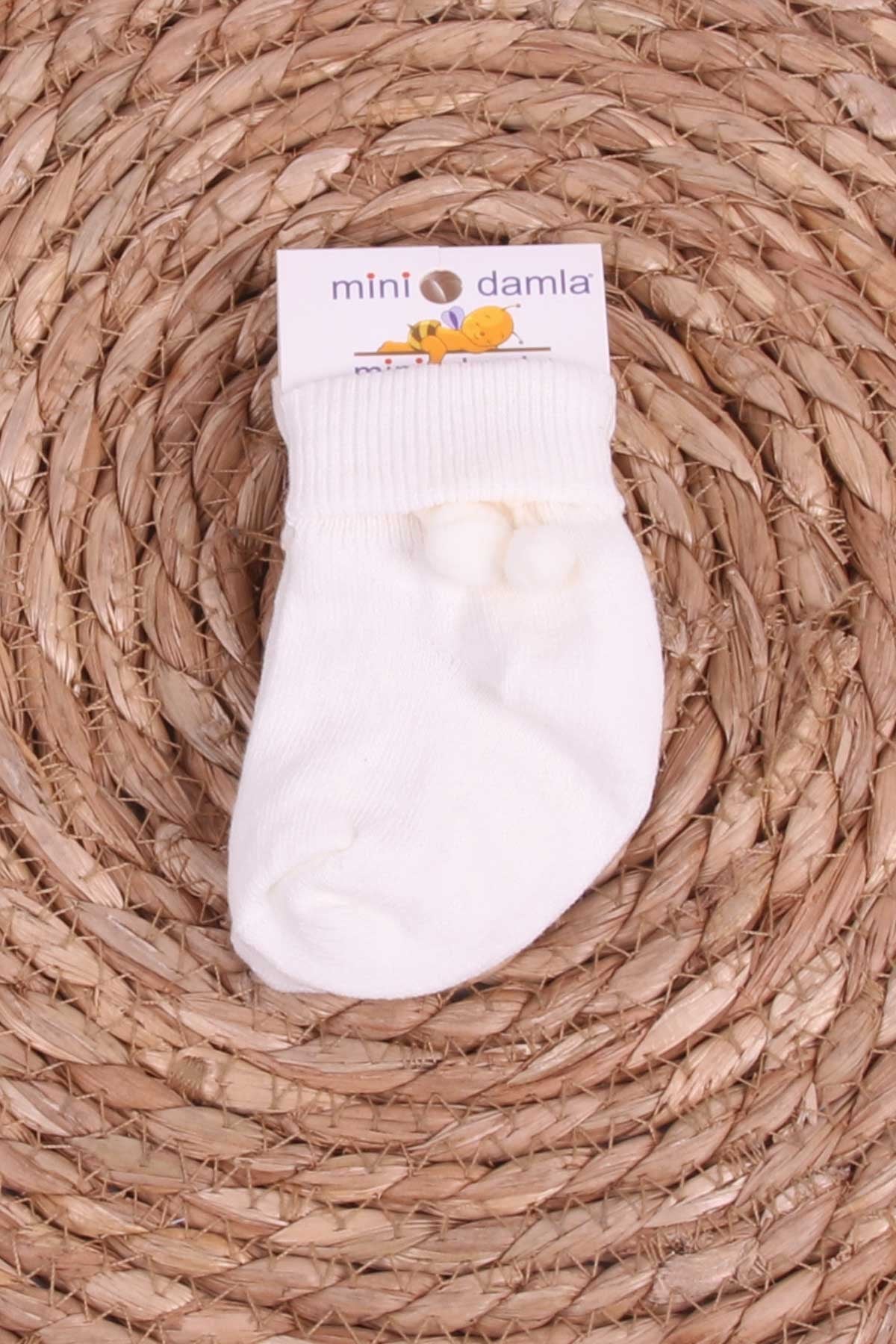 Mini Damla Kız Bebek Yenidoğan Çorap Ponponlu Ekru (Standart)