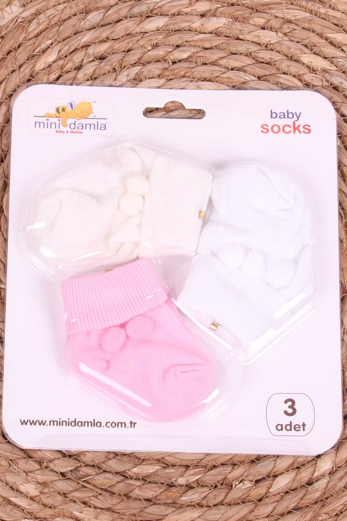 Mini Damla Kız Bebek Yenidoğan Çorap Ponponlu 3 lü Karışık Renk (0-3 Ay)