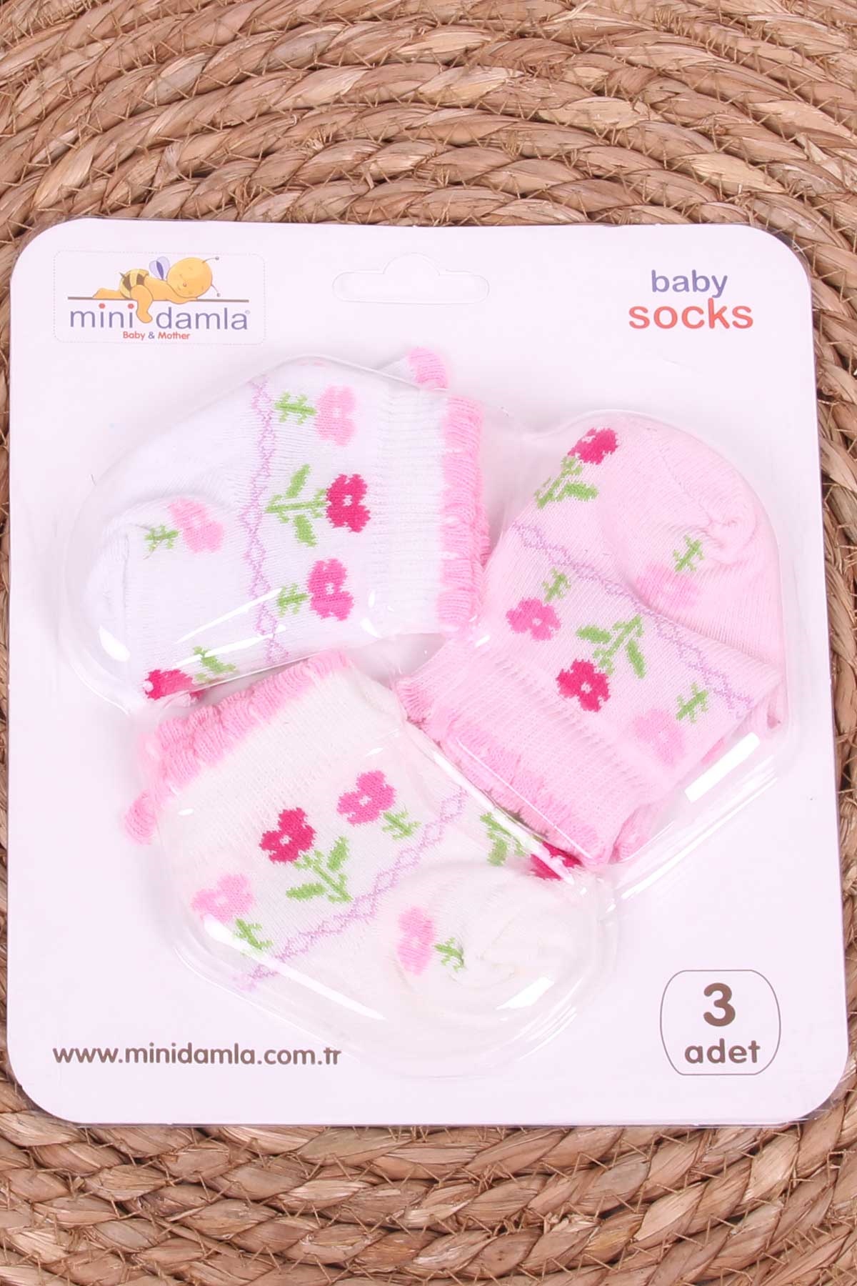 Mini Damla Kız Bebek Yenidoğan Çorap Papatya Desenli 3 lü Karışık Renk (0-3 Ay)