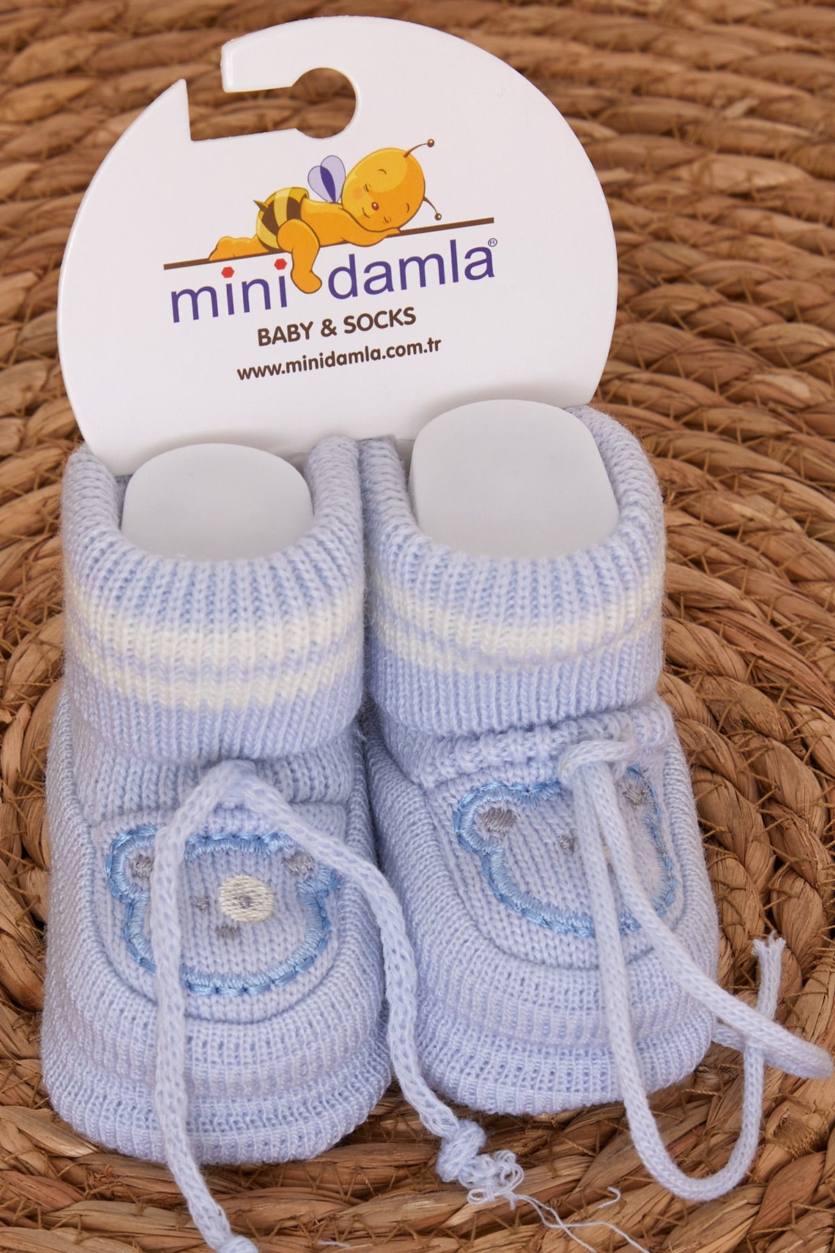 Minidamla Erkek Bebek Triko Patik Ayıcık Nakışlı Bebe Mavisi
