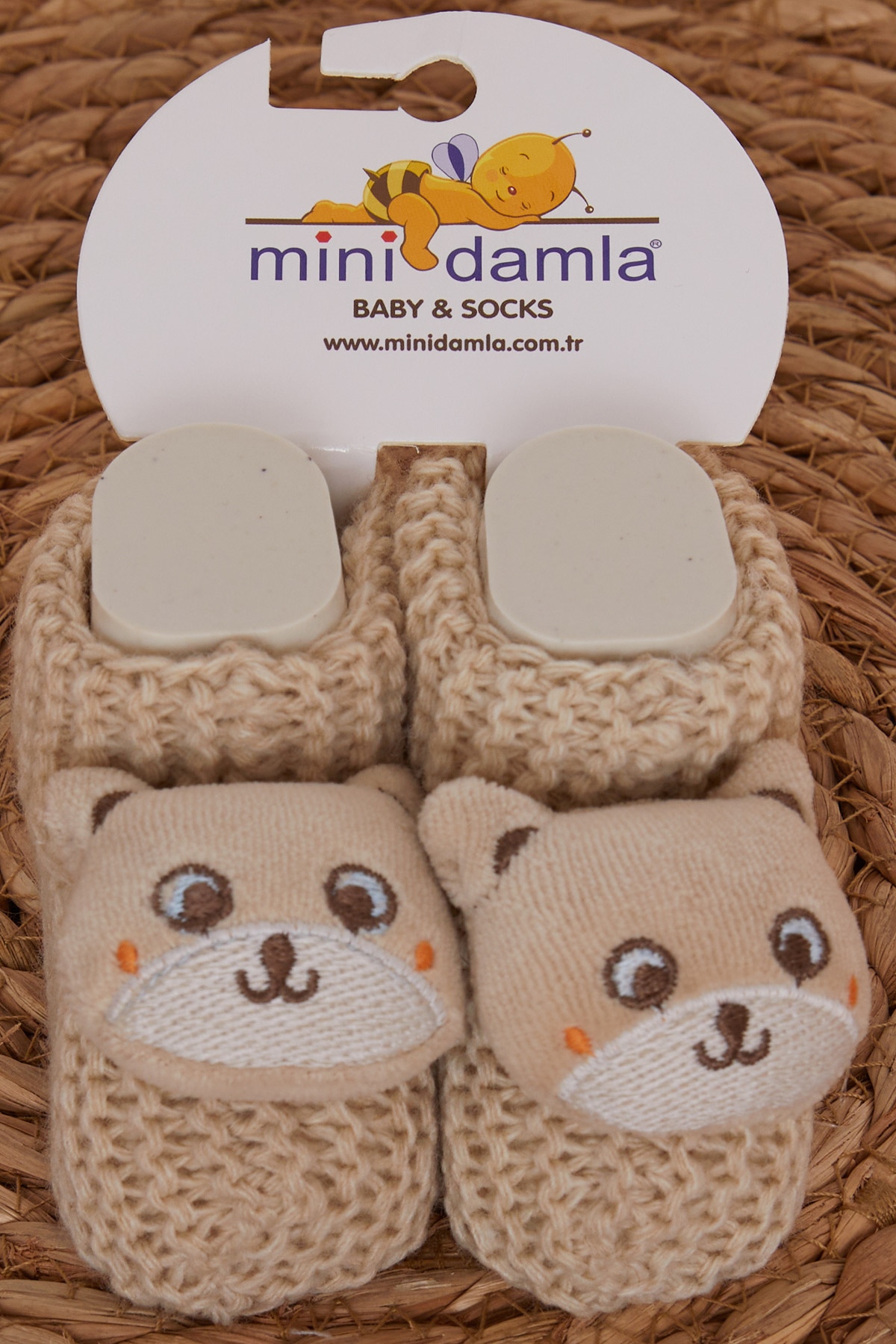Minidamla Erkek Bebek Triko Patik Çıngırak Aksesuarlı Açık Kahverengi