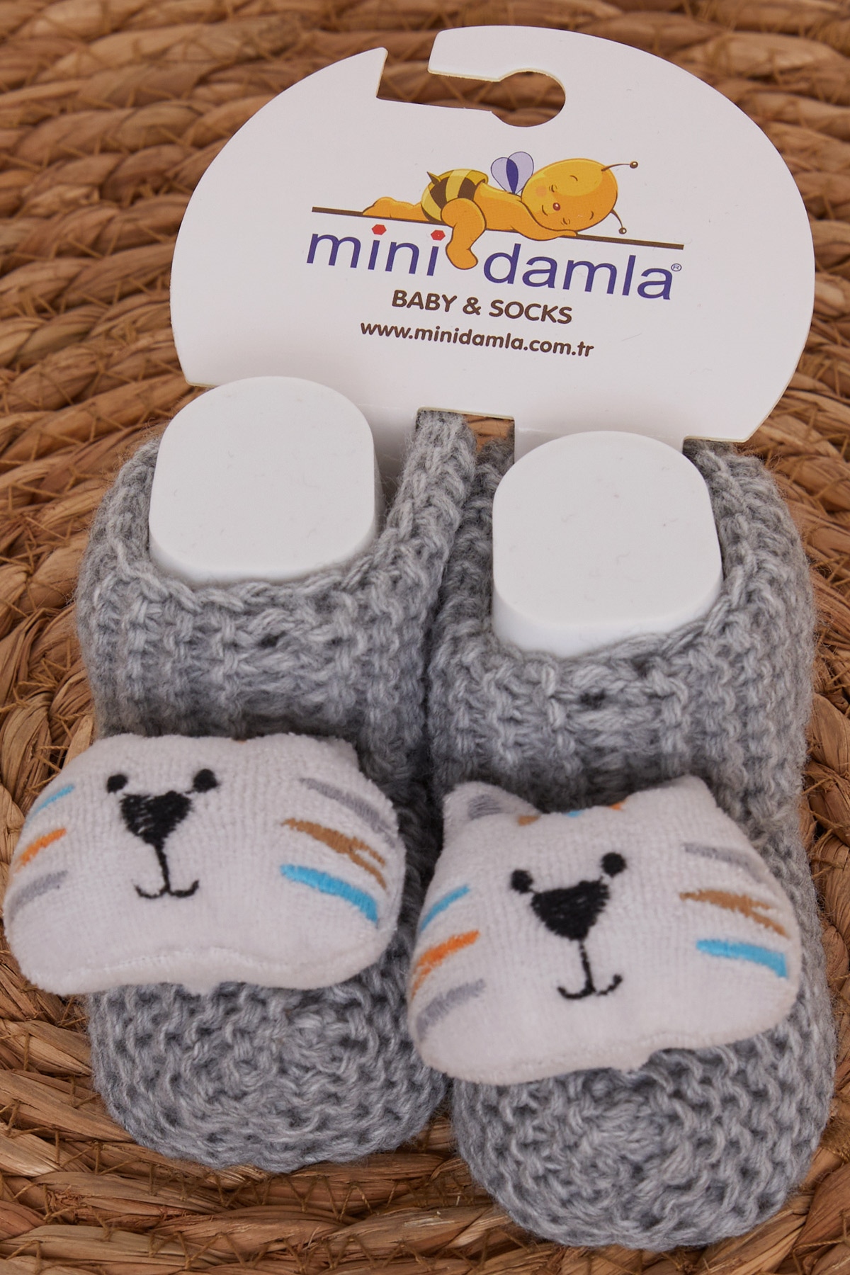Minidamla Erkek Bebek Triko Patik Çıngırak Aksesuarlı Gri