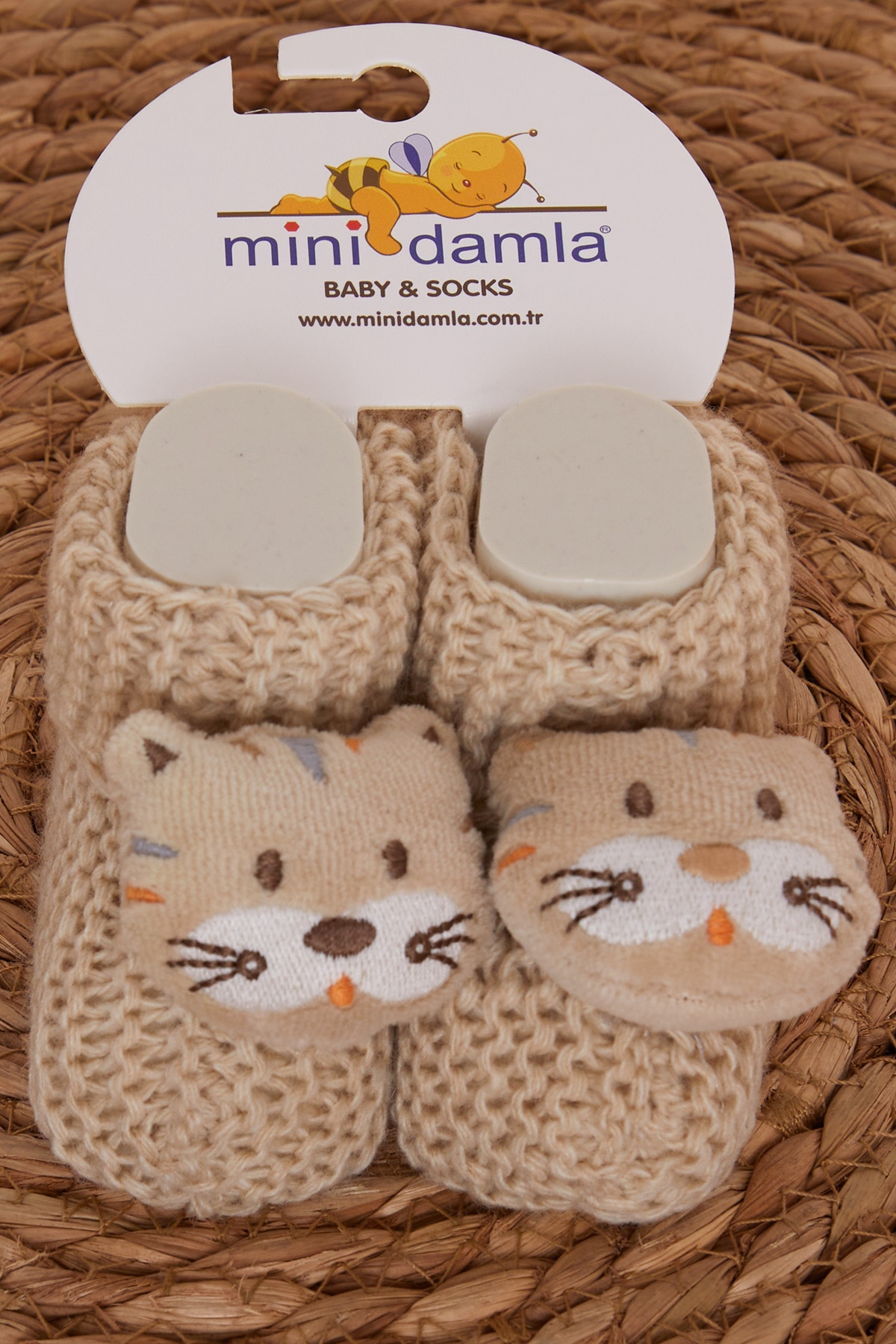 Minidamla Erkek Bebek Triko Patik Çıngırak Aksesuarlı Açık Kahverengi