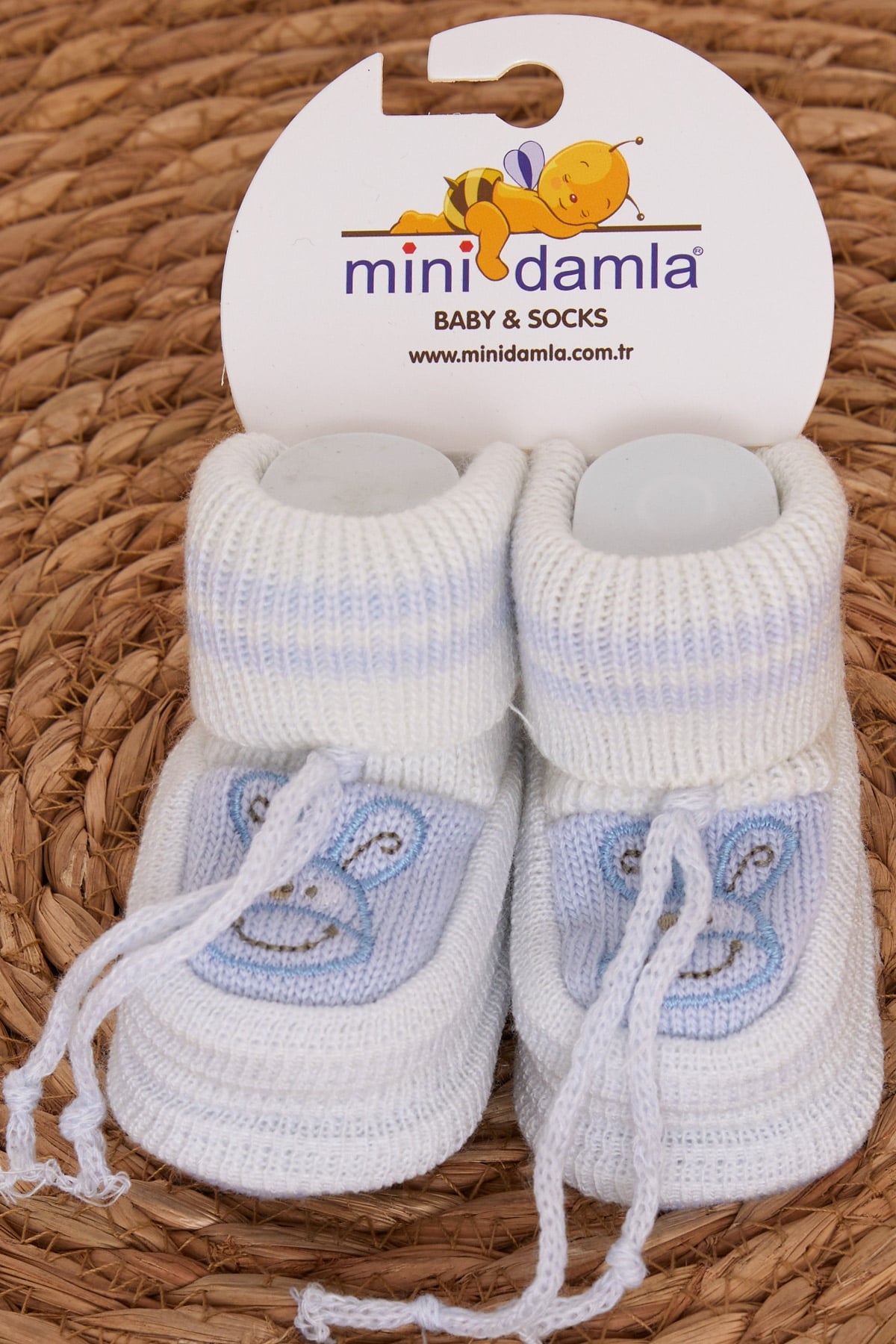 Minidamla Erkek Bebek Triko Patik Hayvancık Nakışlı Ekru