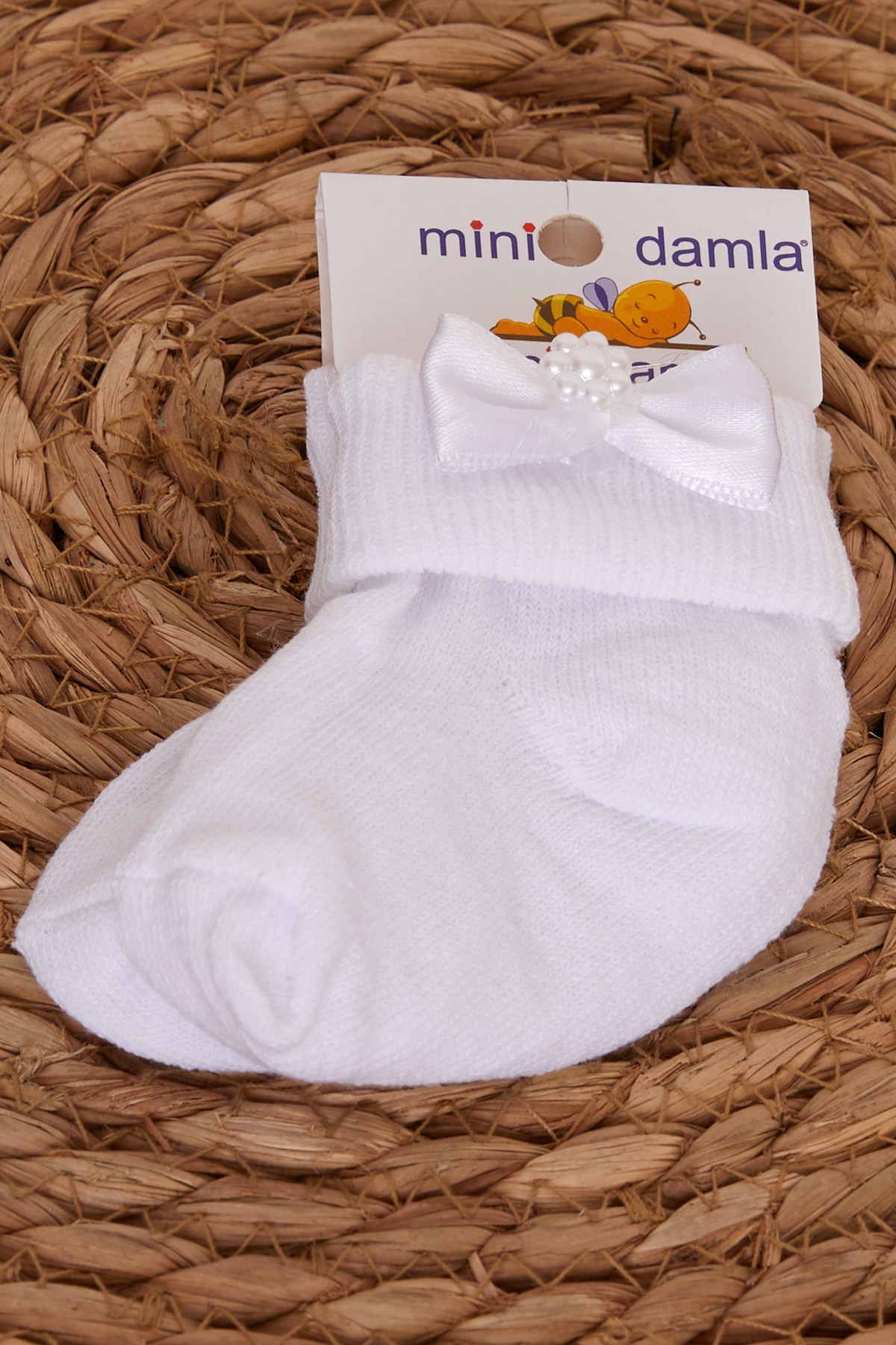 Minidamla Kız Bebek Çorap Fiyonk Aksesuarlı Beyaz