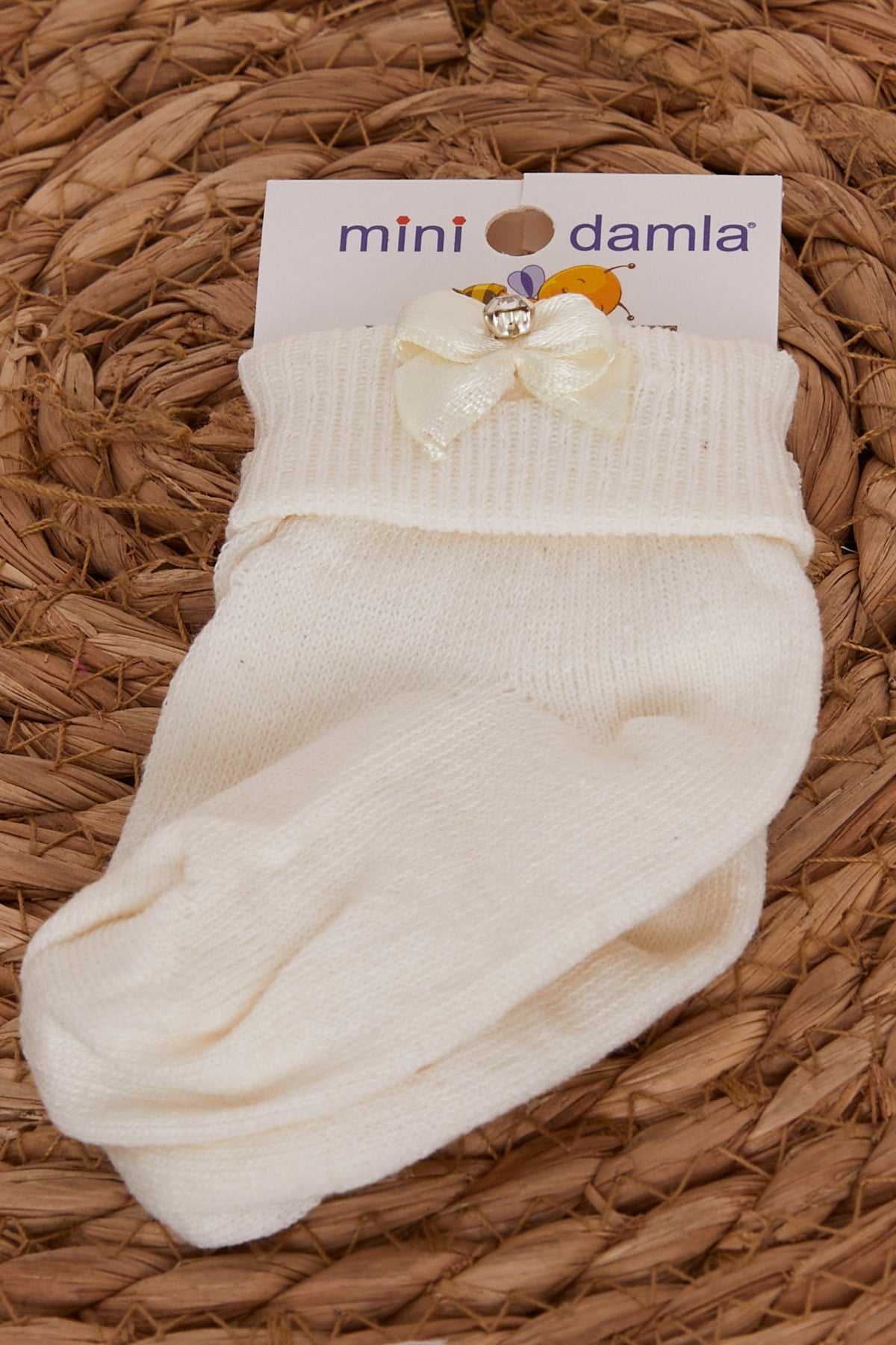 Minidamla Kız Bebek Çorap Fiyonklu Taşlı Ekru