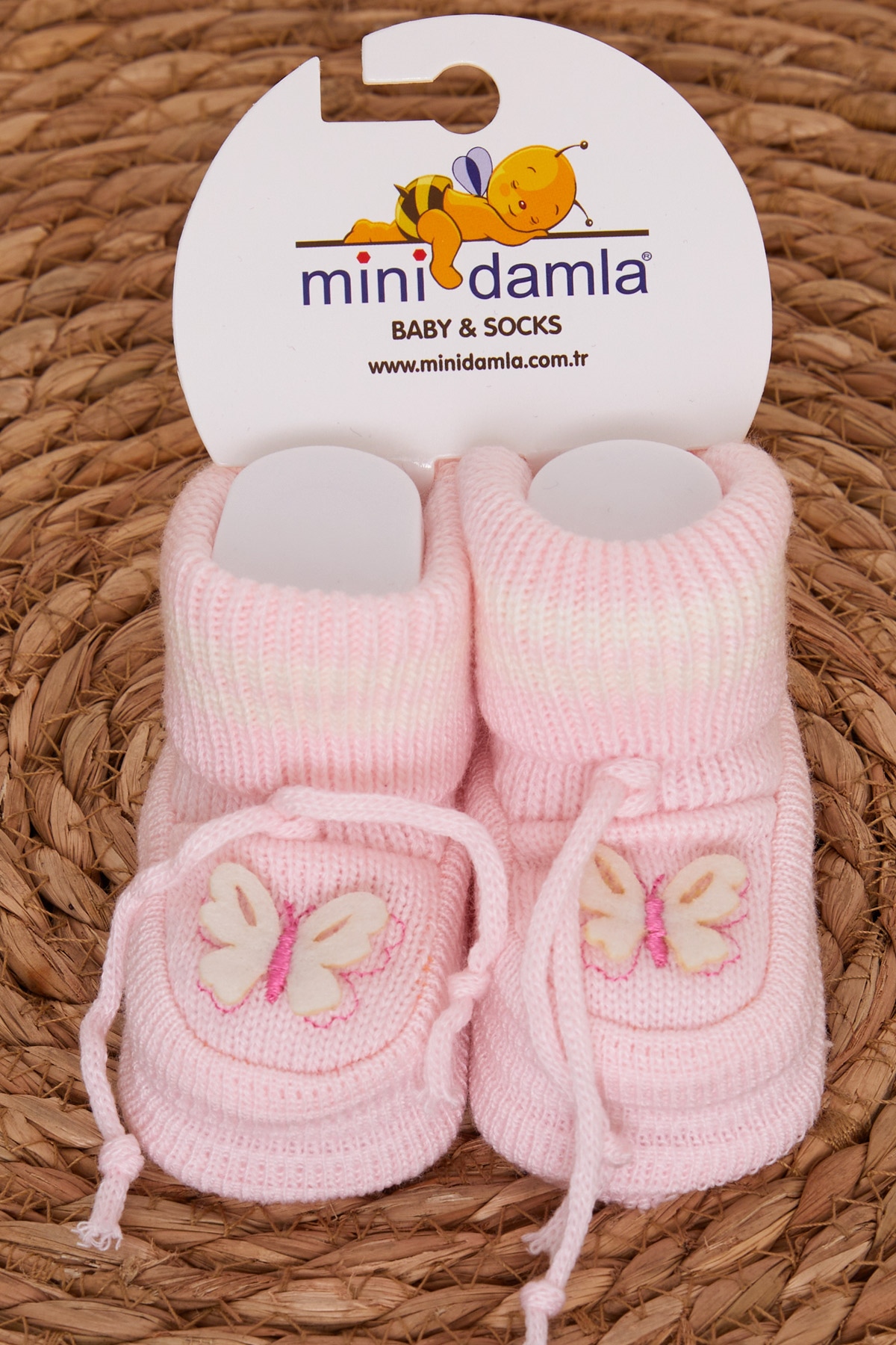 Minidamla Kız Bebek Triko Patik Kelebek Nakışlı Pudra