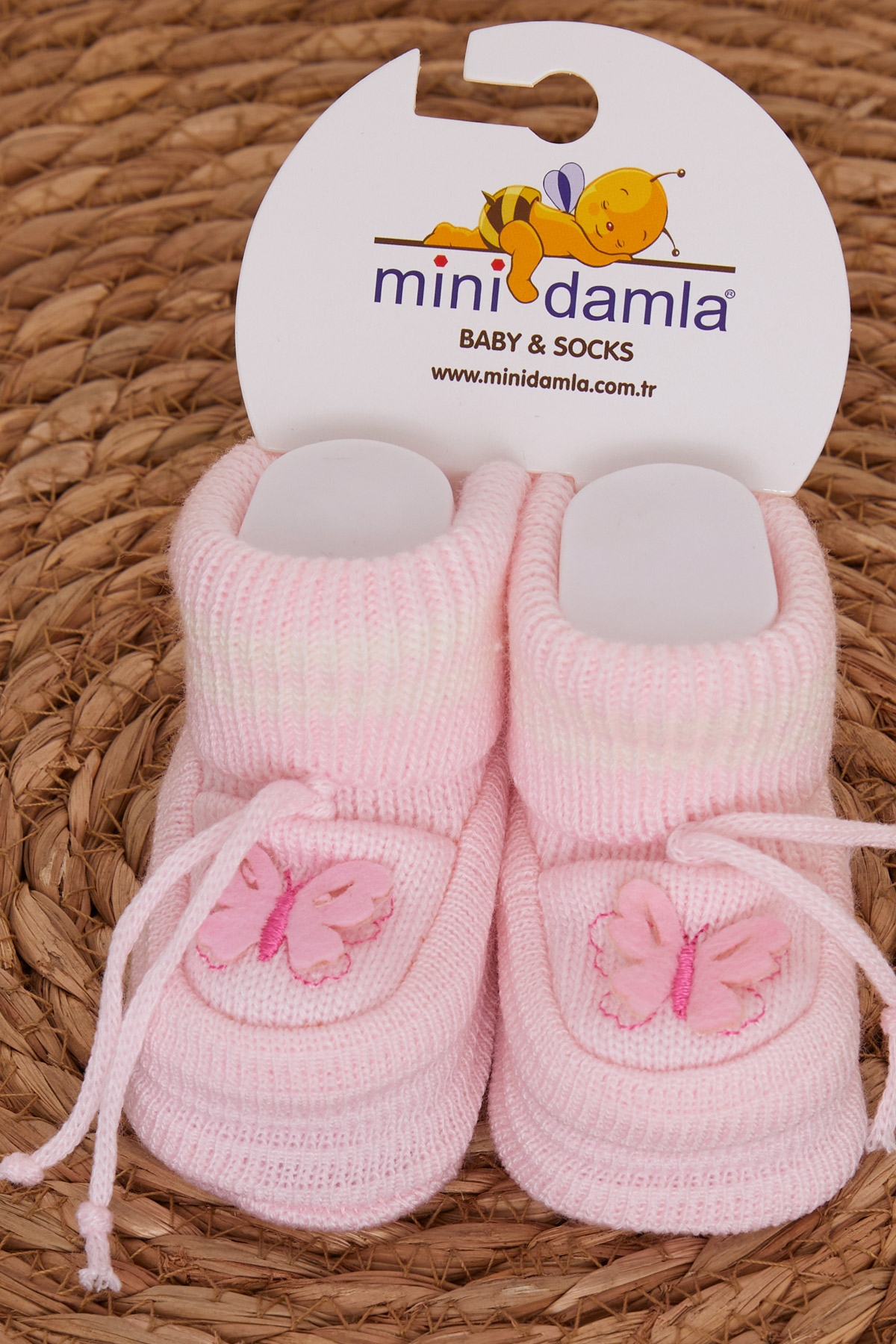 Minidamla Kız Bebek Triko Patik Kelebek Nakışlı Pudra