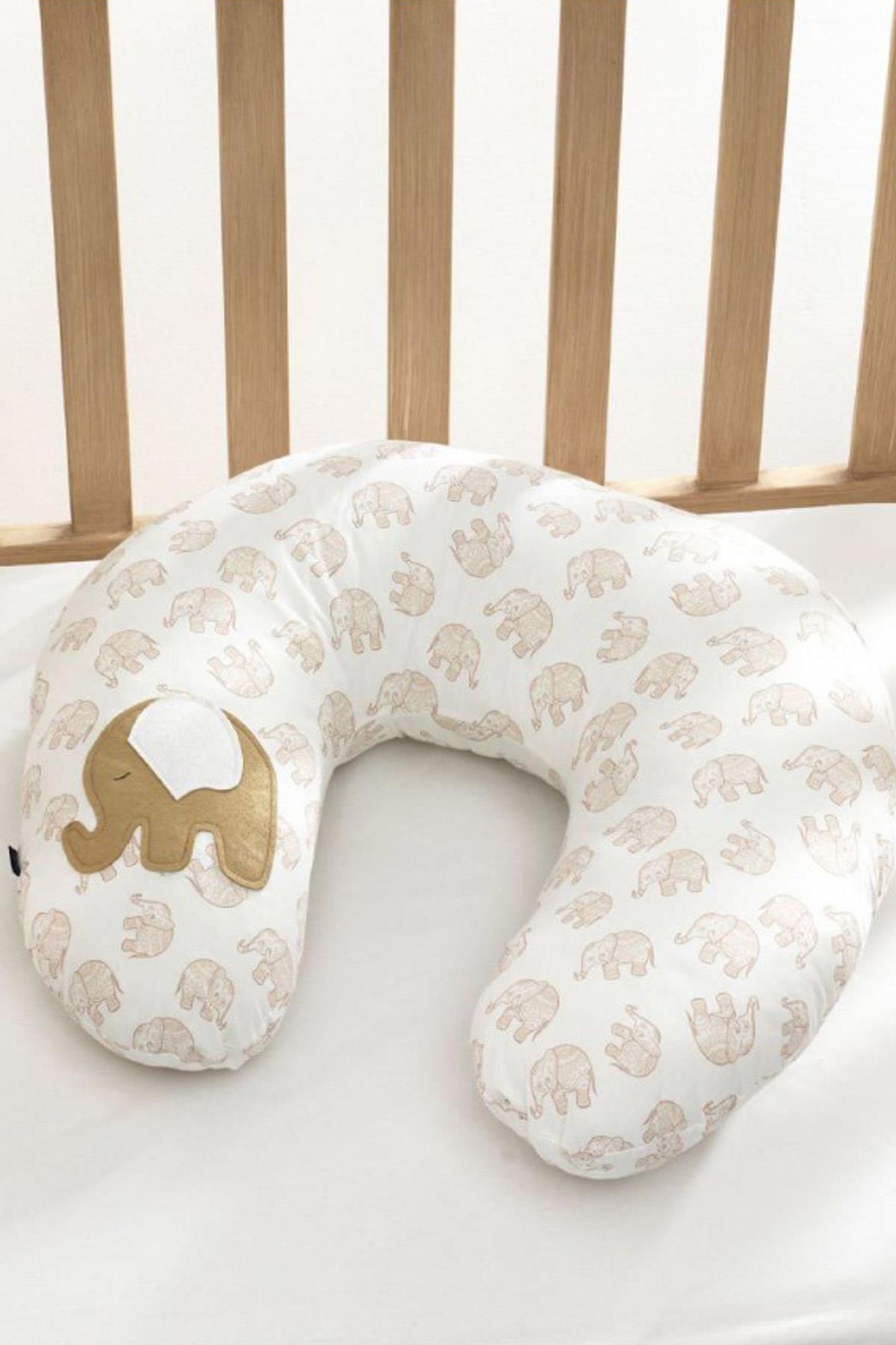 MOMSHOP Bebek Emzirme Ve Destek Minderi Fil Desenli Ekru