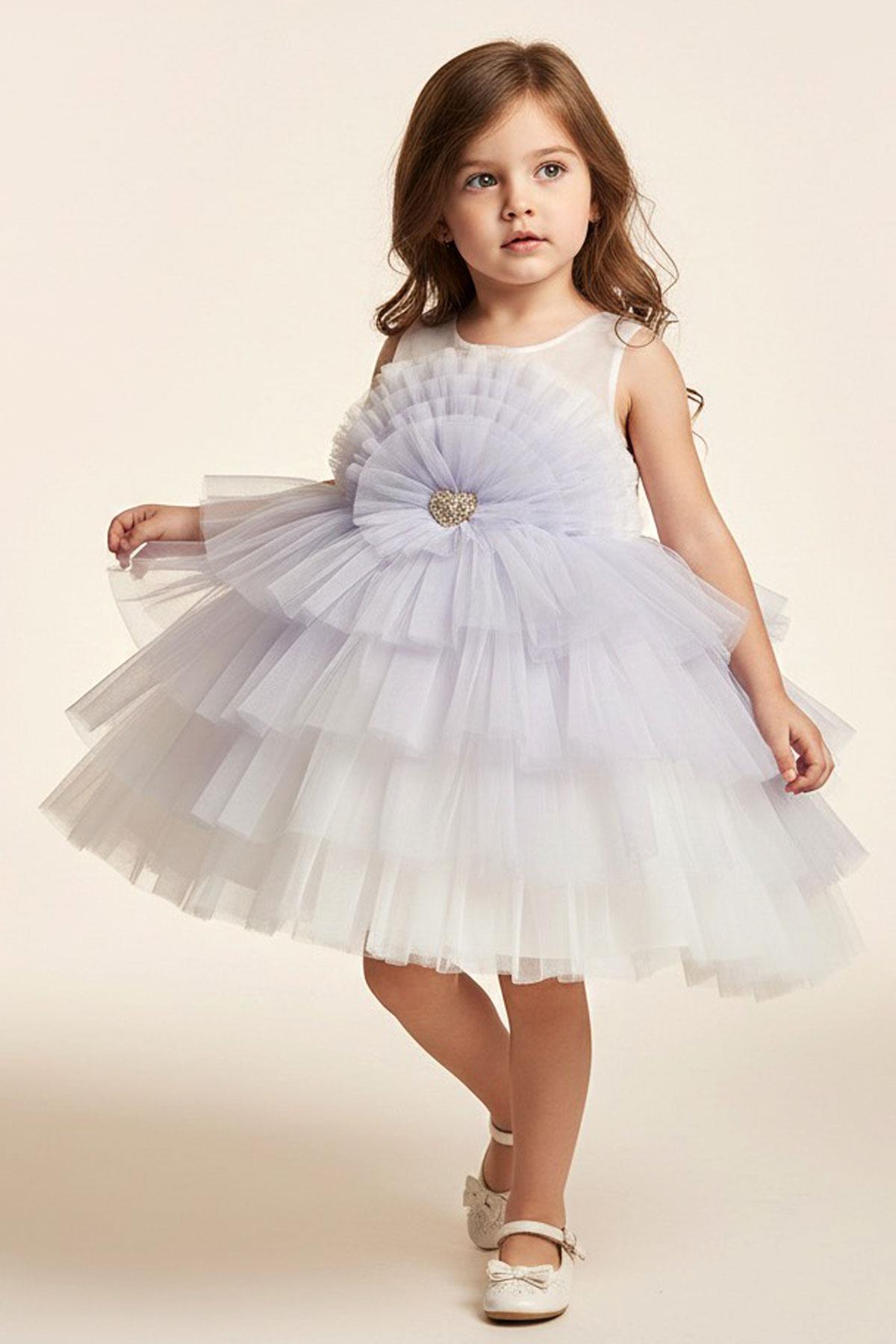 Monita Kız Çocuk Abiye Elbise Arka Kısmı Fiyonklu Taşlı Kalp Aksesuarlı Lila (1-5 Yaş)