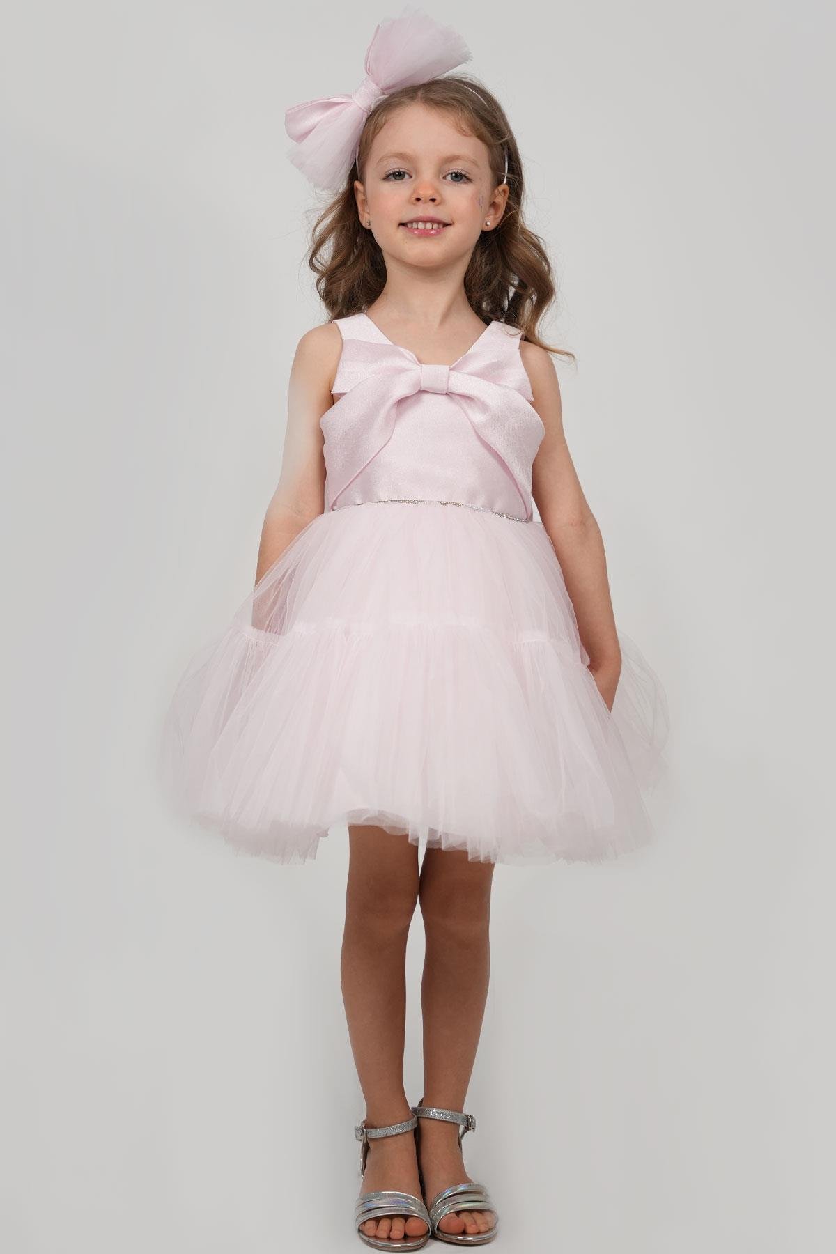 Monita Kız Çocuk Abiye Elbise Arkası Fiyonk Detaylı Bel Kısmı Taşlı Taçlı Pembe (1-5 Yaş)