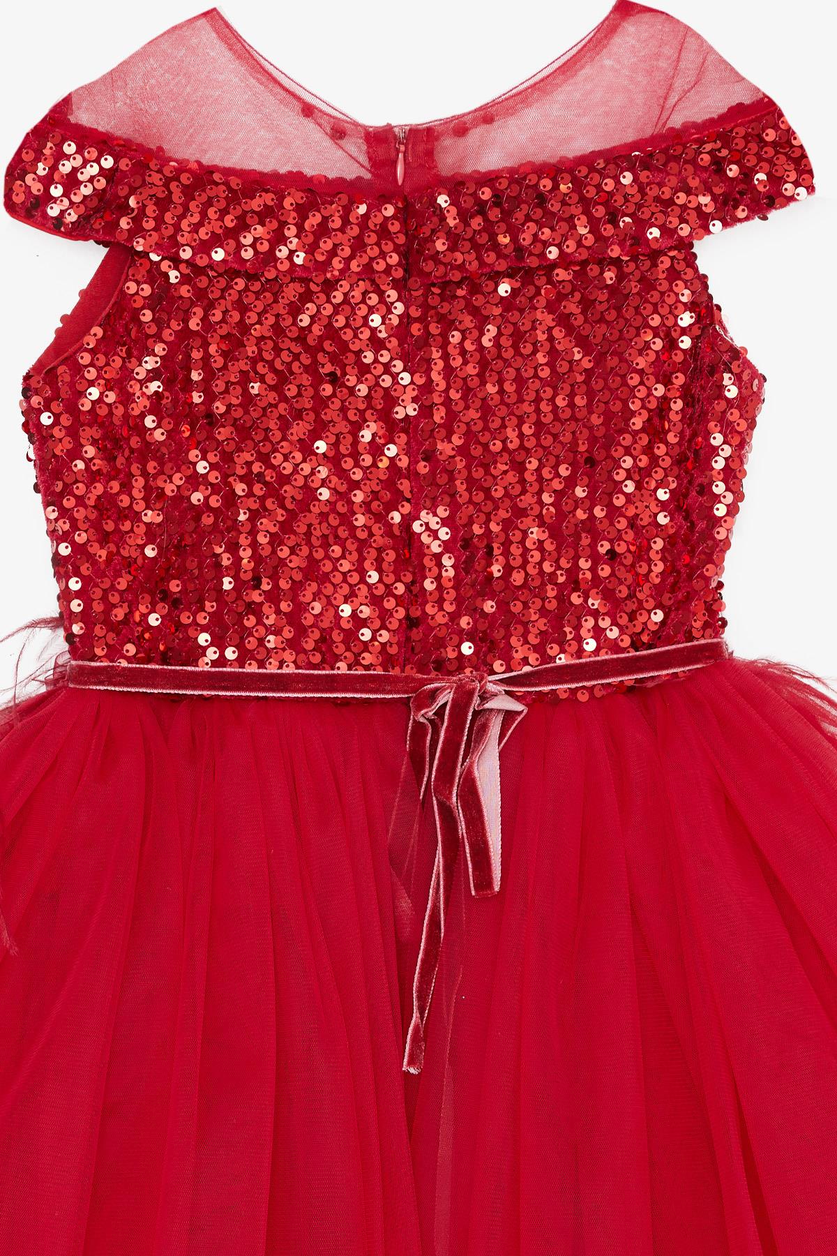 Kız Çocuk Abiye Elbise Pullu Tüllü Aksesuarlı Kırmızı 11 Yaş - Yazlık  Elbiseler | Breeze
