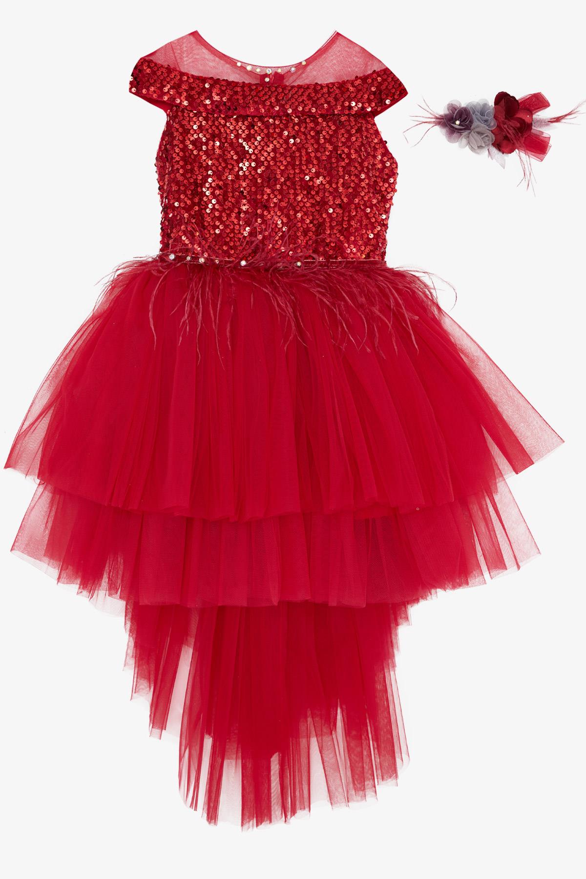 Kız Çocuk Abiye Elbise Pullu Tüllü Aksesuarlı Kırmızı 12 Yaş - Yazlık  Elbiseler | Breeze