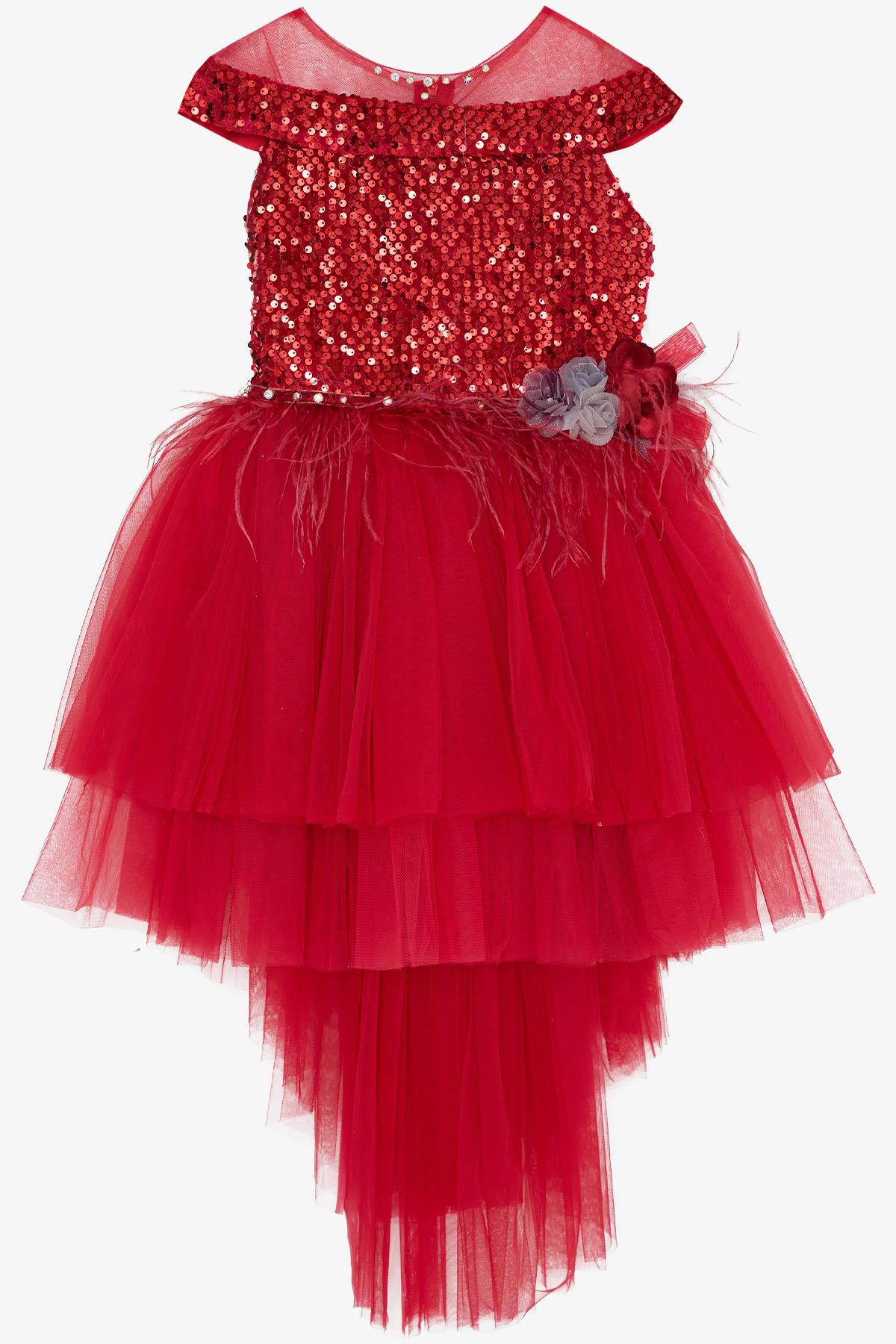 Kız Çocuk Abiye Elbise Pullu Tüllü Aksesuarlı Kırmızı 8-12 Yaş - Yazlık  Elbiseler | Breeze