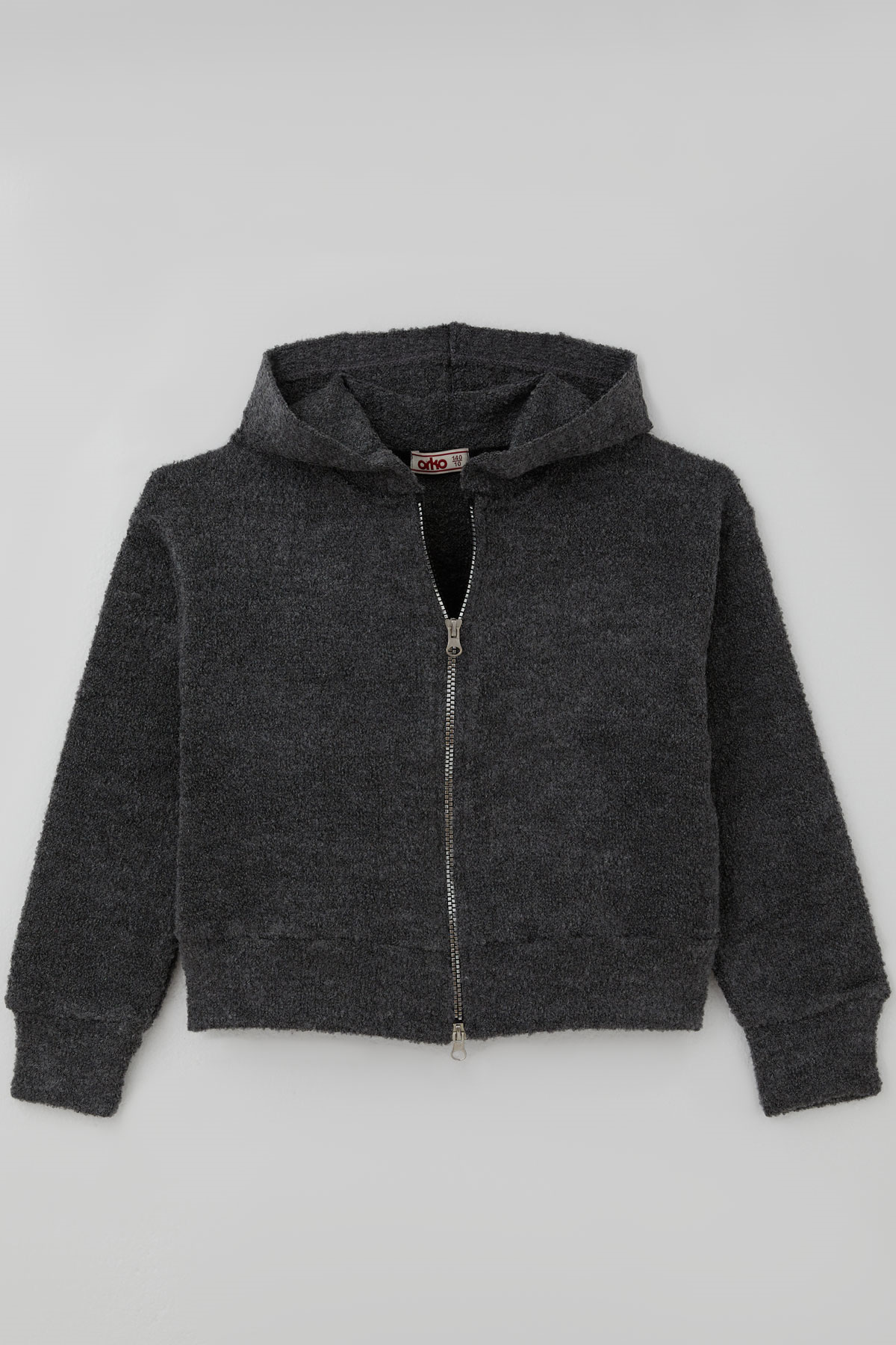 Orko Kız Çocuk Peluş Crop Hırka Kapüşonlu Fermuarlı Füme Melanj (10-16 Yaş)